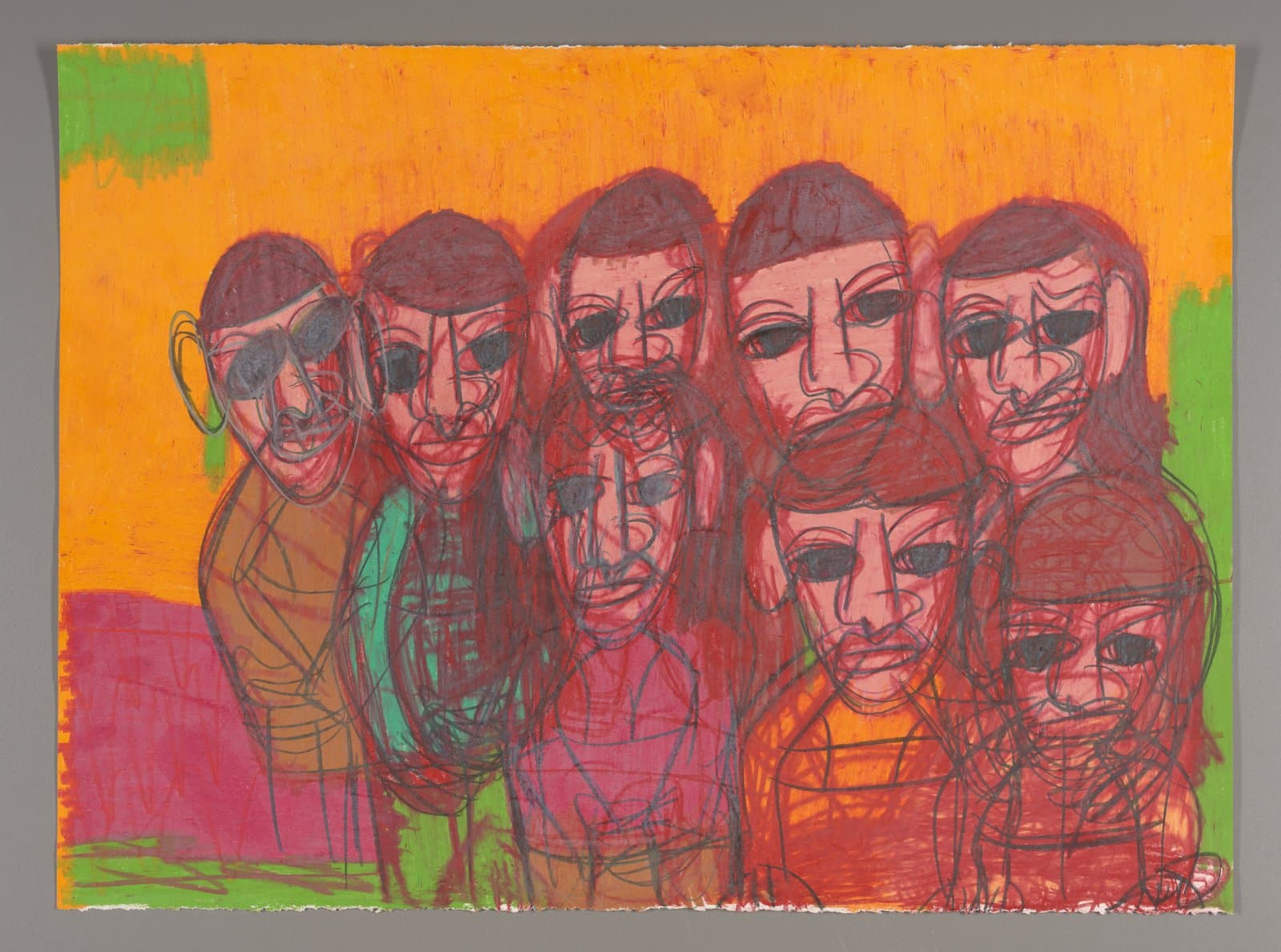 Drawing of multiple overlapping faces in red and purple against orange and green background, color stix on paper
