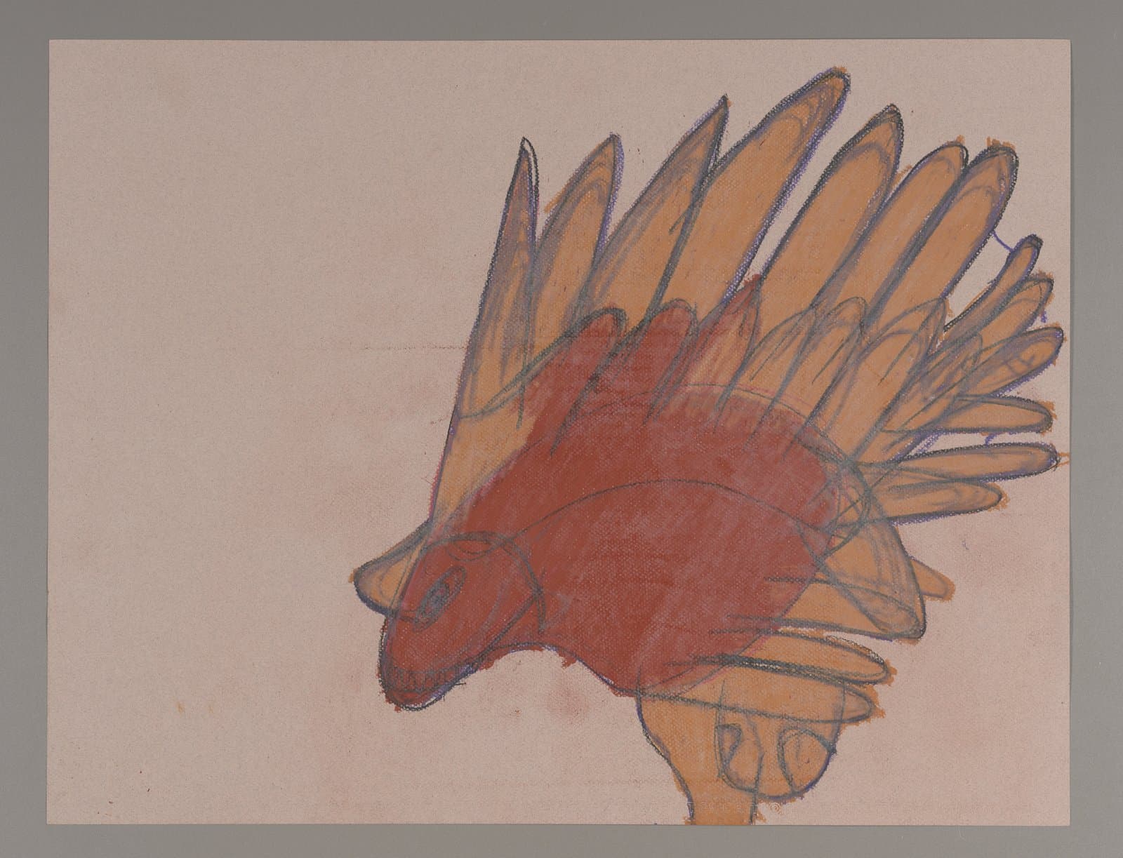 Drawing of a bird with spread wings in brown and orange colored pencil on beige paper