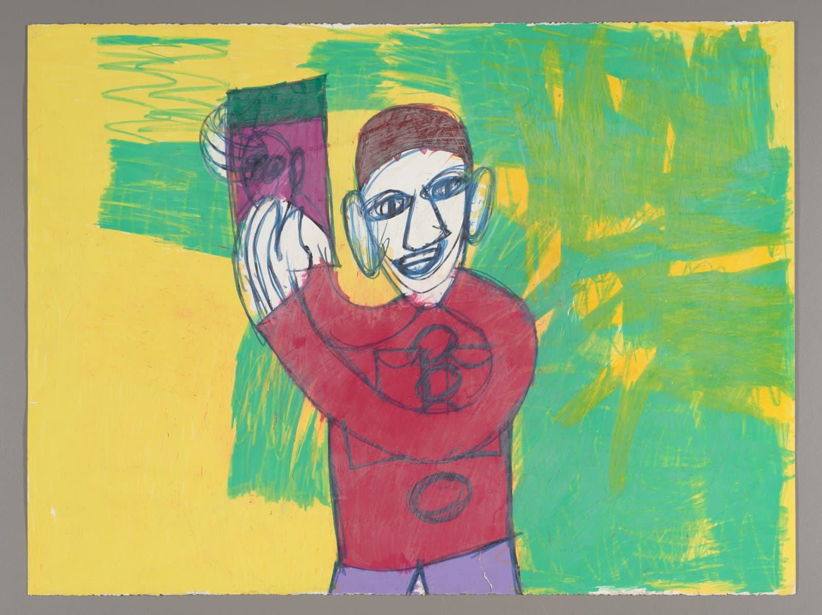 Drawing of a figure with glasses holding a purple container, rendered in colorful strokes on paper