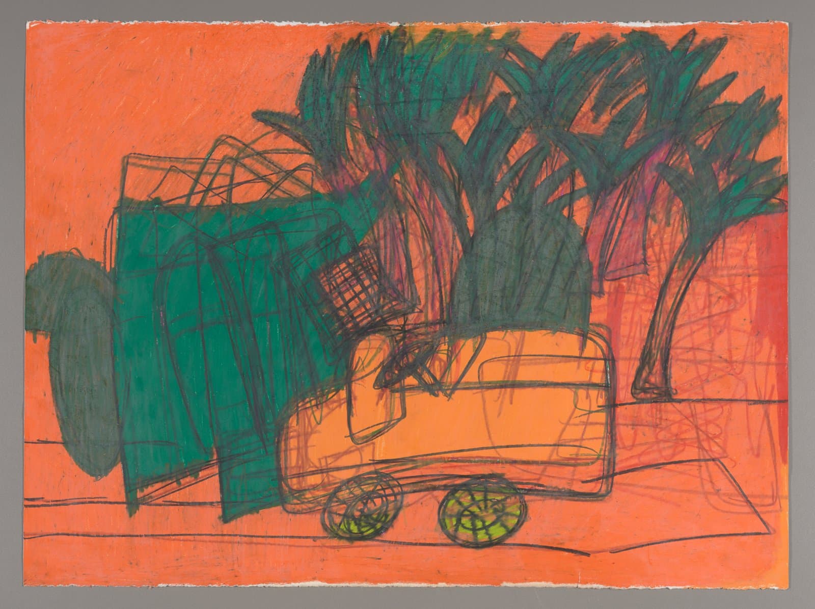 Drawing of orange truck with green trees on bright orange paper, made with color stix