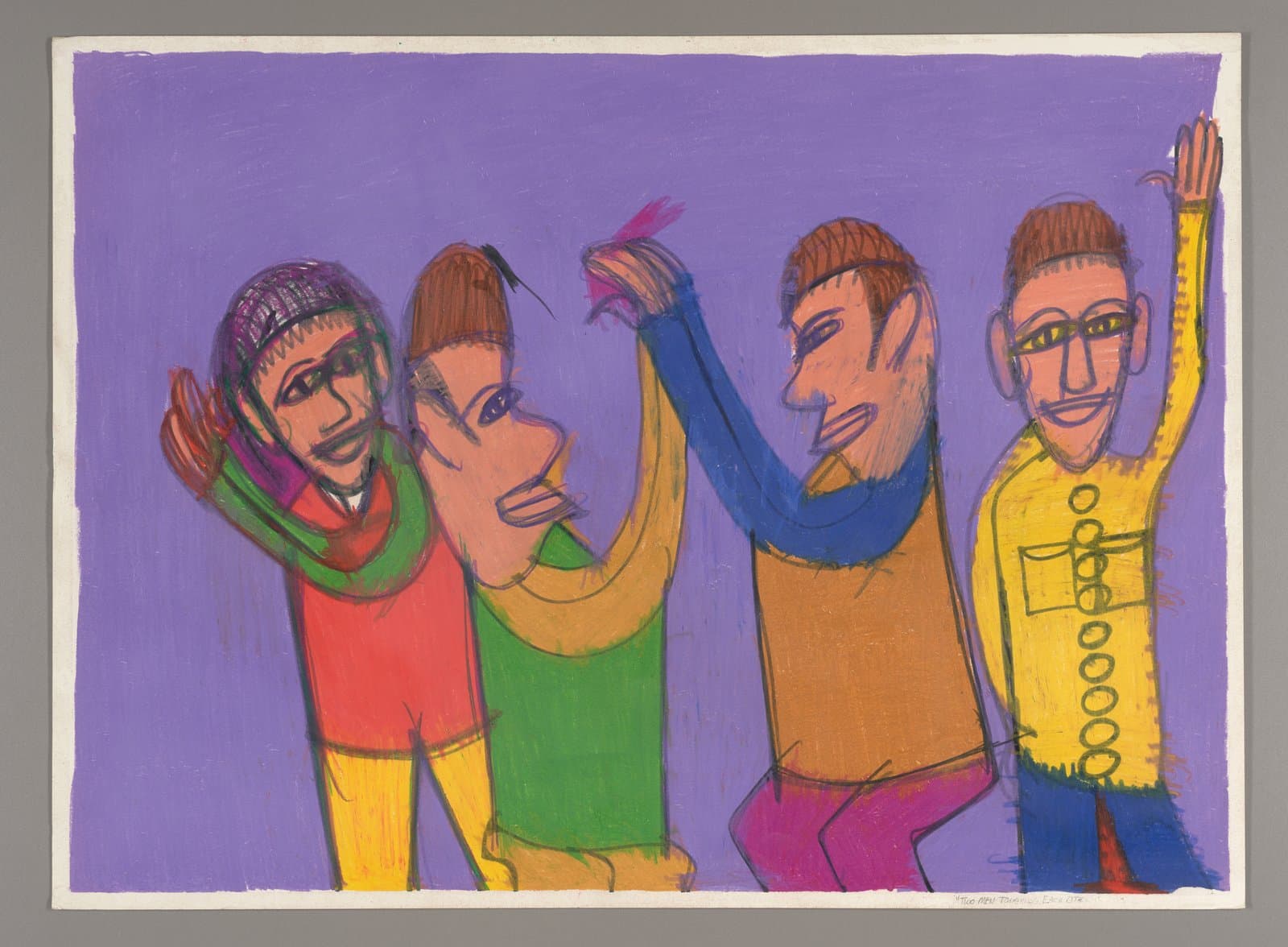 Drawing of four figures with raised arms on purple background, made with colored sticks on paper
