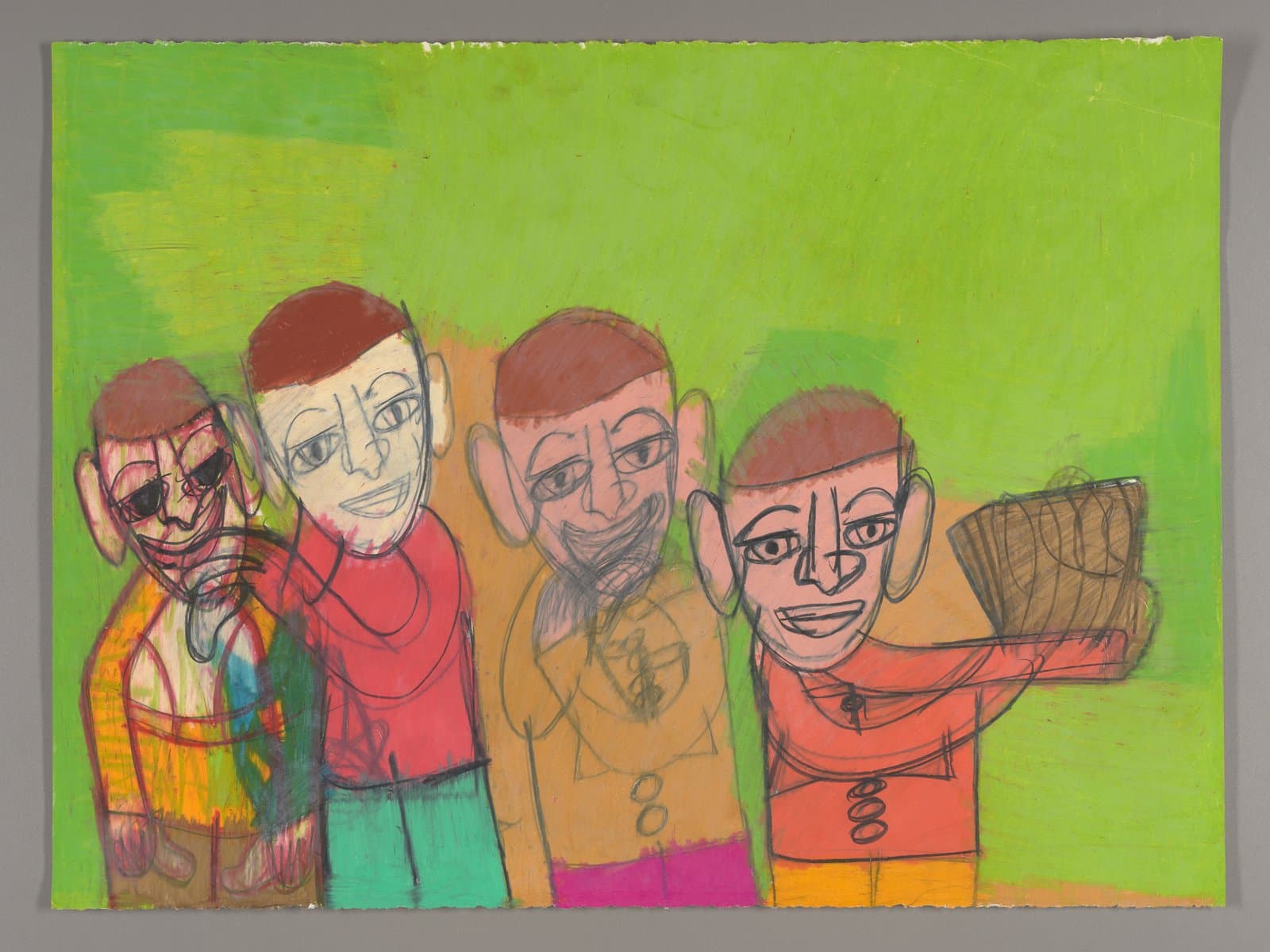 Drawing of five figures in colorful clothing against bright green background, made with color stix on paper