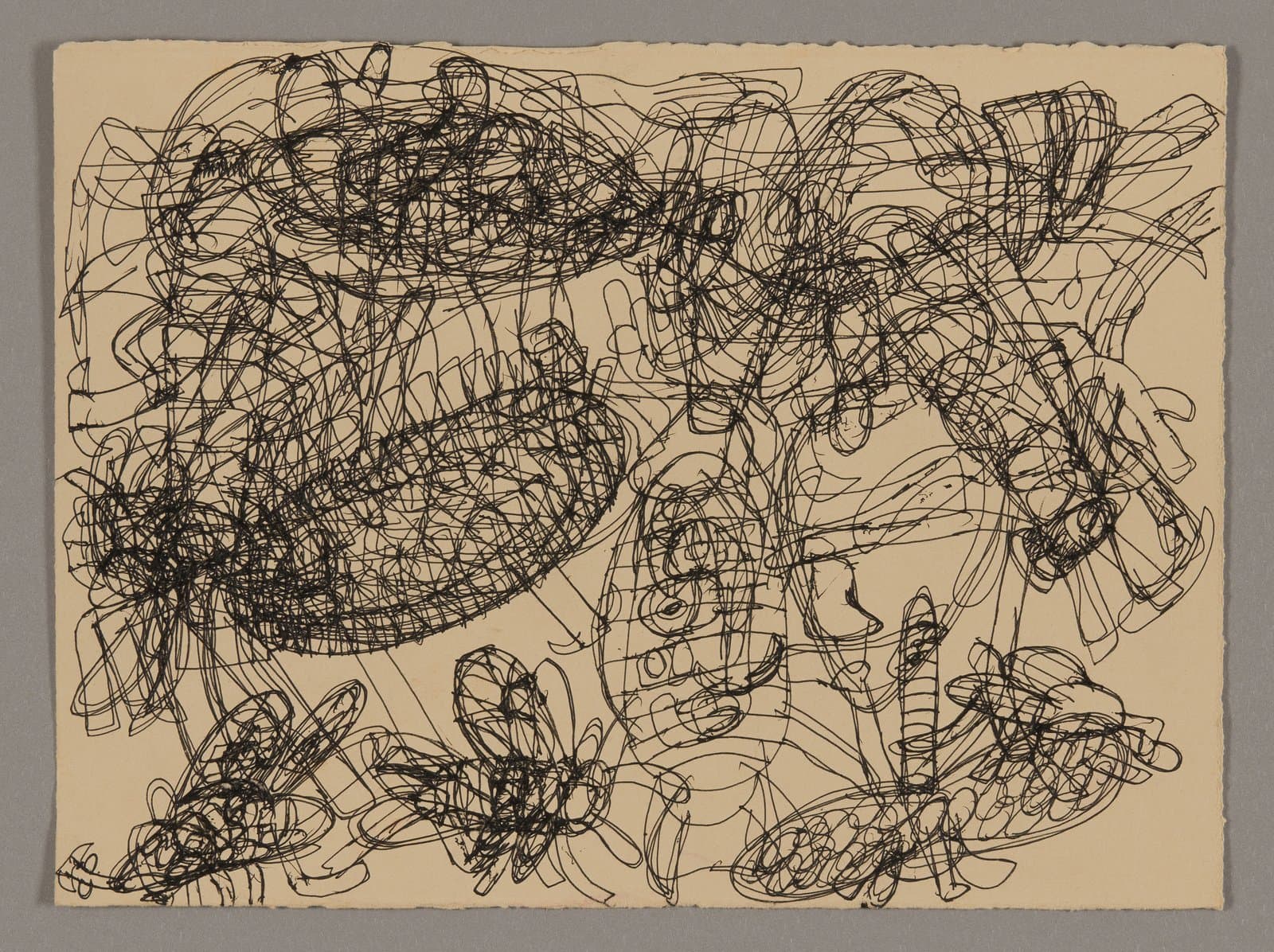 Abstract drawing with dense black ink scribbles and linear marks on cream paper