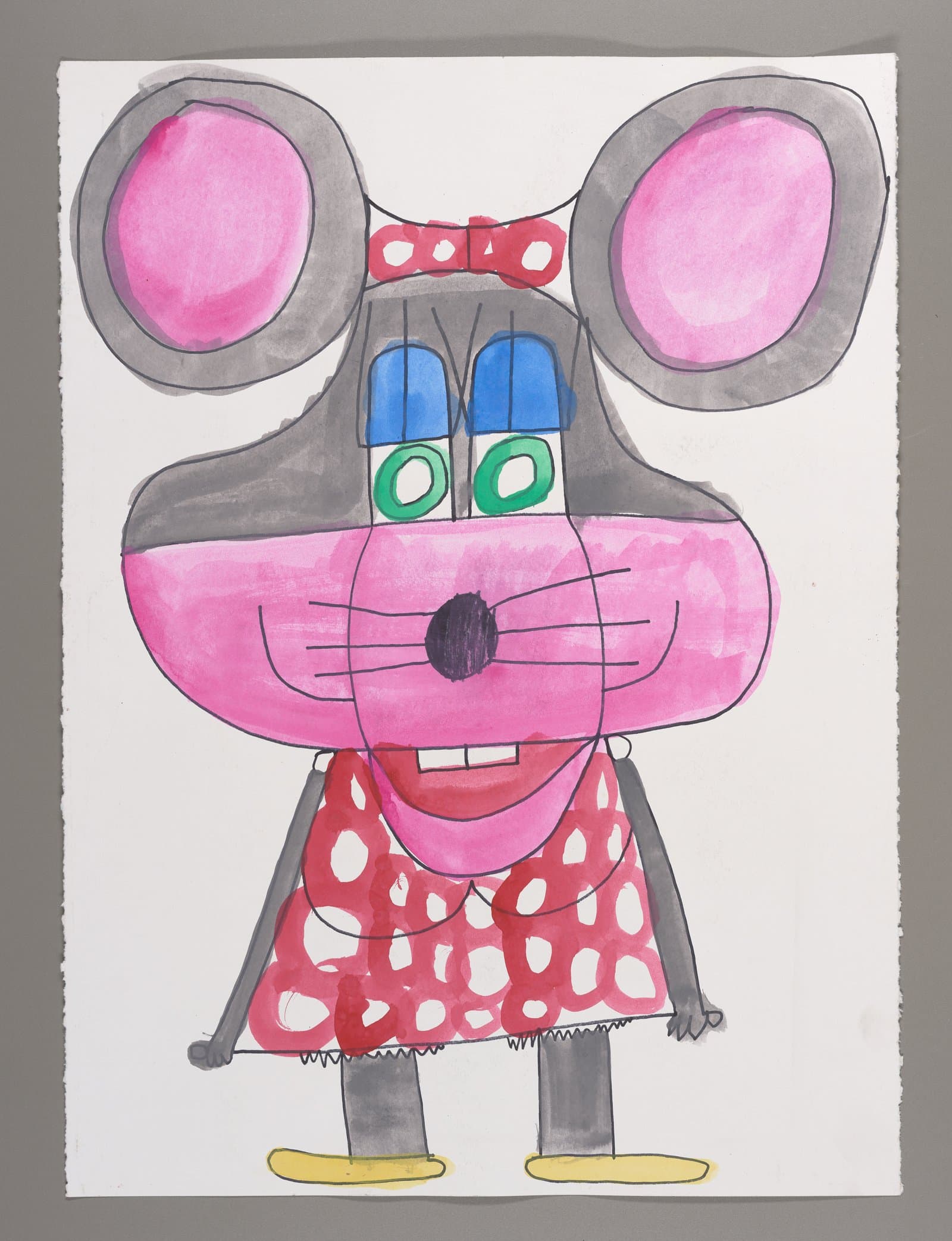Drawing of anthropomorphic mouse character in red polka dot dress, watercolor and marker on paper