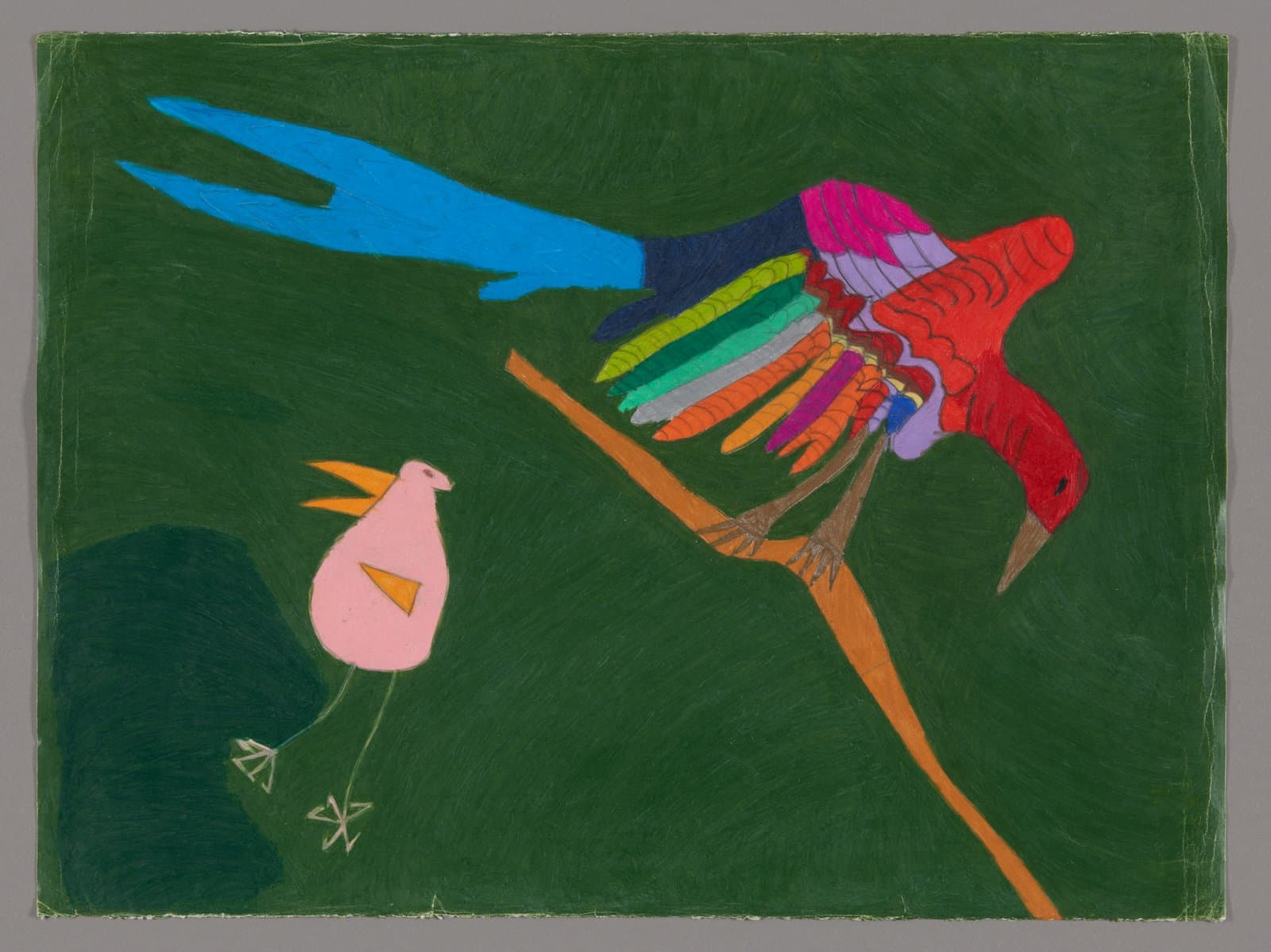 Drawing of colorful birds on green background, featuring pink bird and multicolored bird in flight, color stix on paper