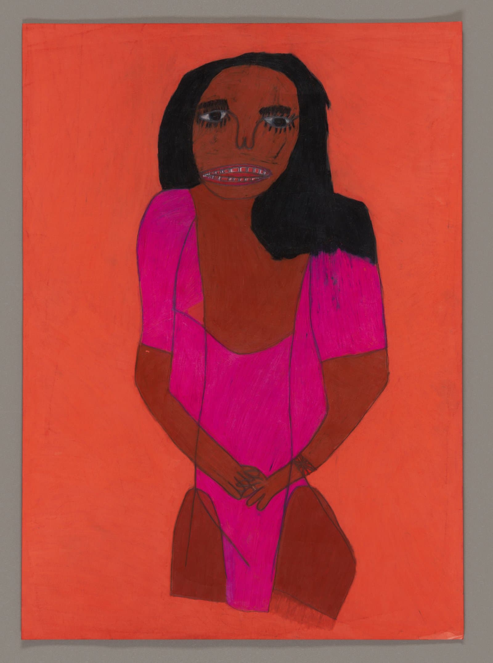 Drawing of a figure with dark hair wearing bright pink clothing against an orange background, made with Color Stix on paper
