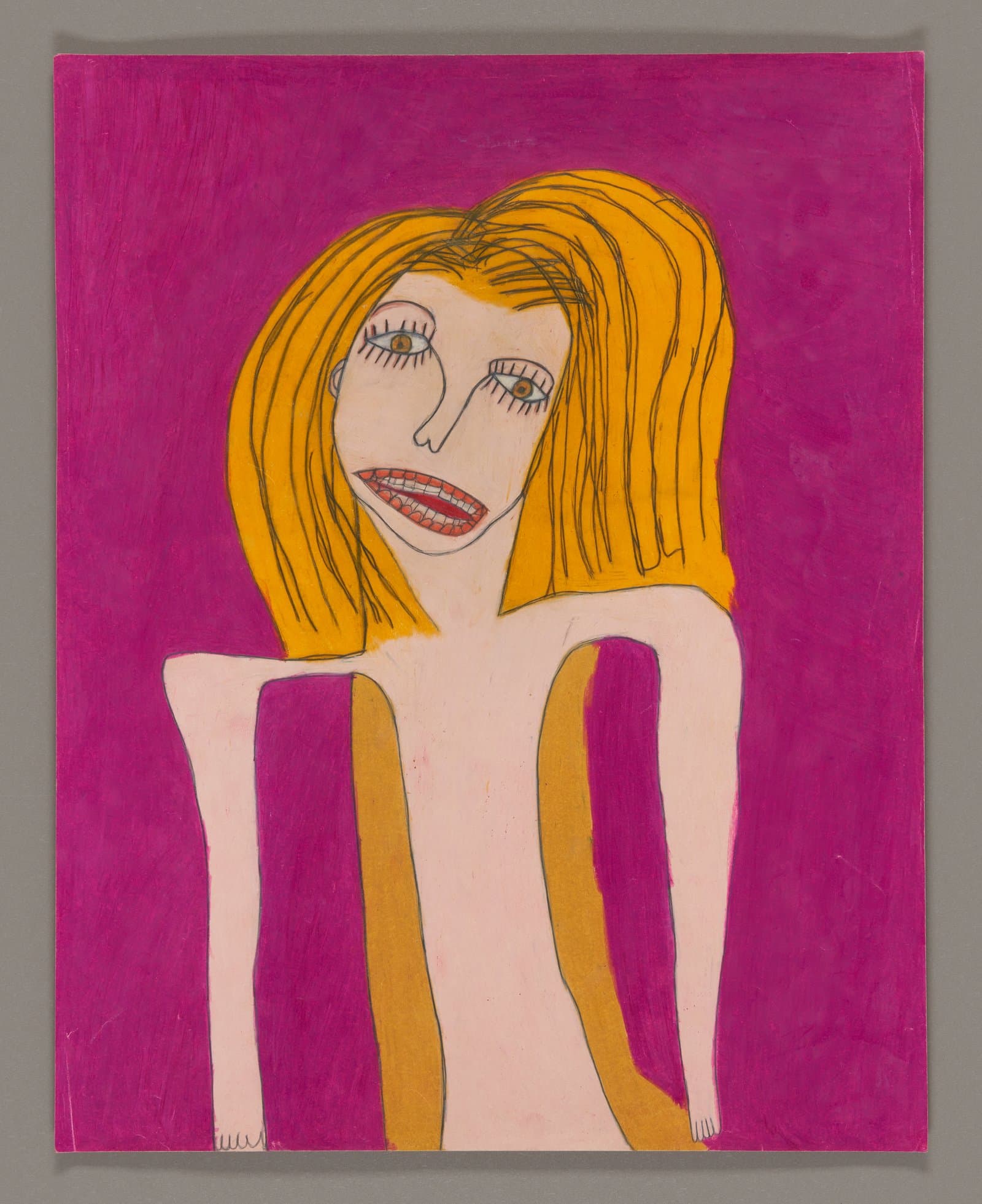 Drawing of a figure with orange hair and long arms on bright magenta background, color stix on paper