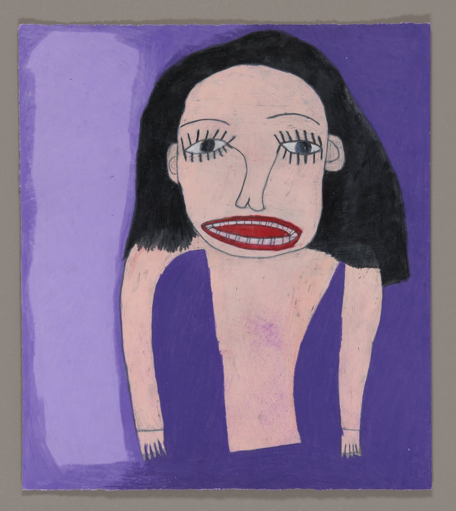 Portrait drawing of a figure with black hair and purple top, rendered in color stix on paper