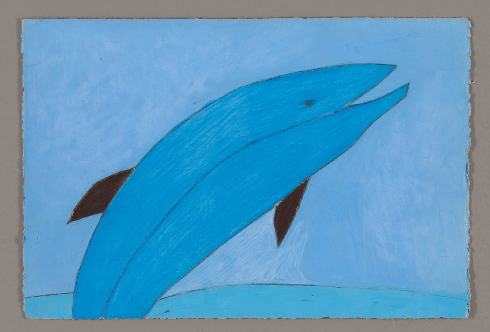 Drawing of blue dolphin jumping over water, made with color stix on paper