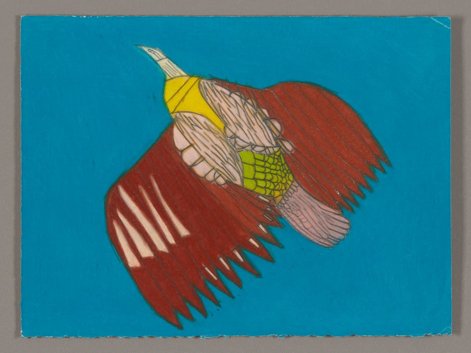Drawing of a figure with long brown hair wearing yellow and green garments, rendered in Color Stix on blue paper