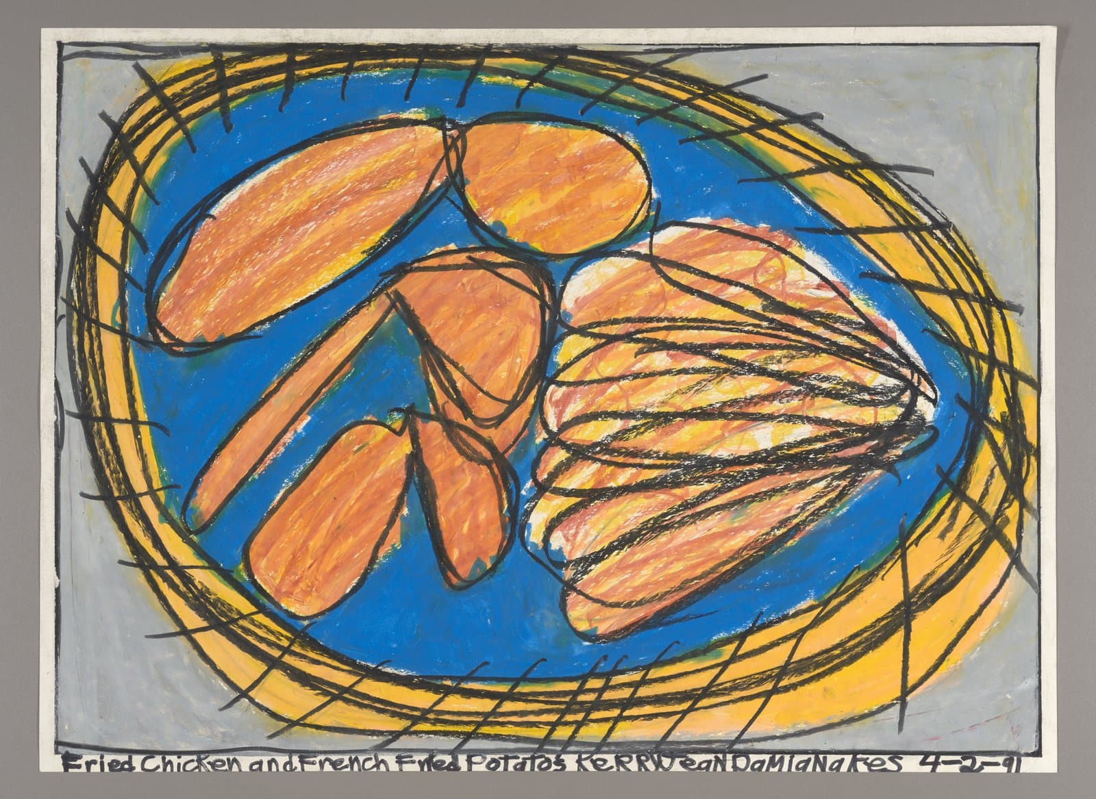 Drawing of fried chicken pieces and french fries on blue plate, color stix on paper