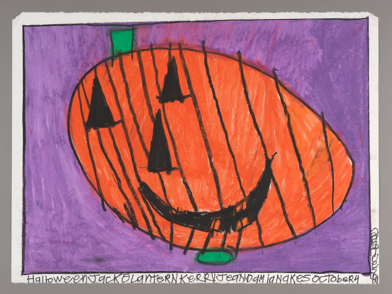 Drawing of orange jack-o'-lantern with black triangular eyes and crescent mouth on purple background, color stix on paper