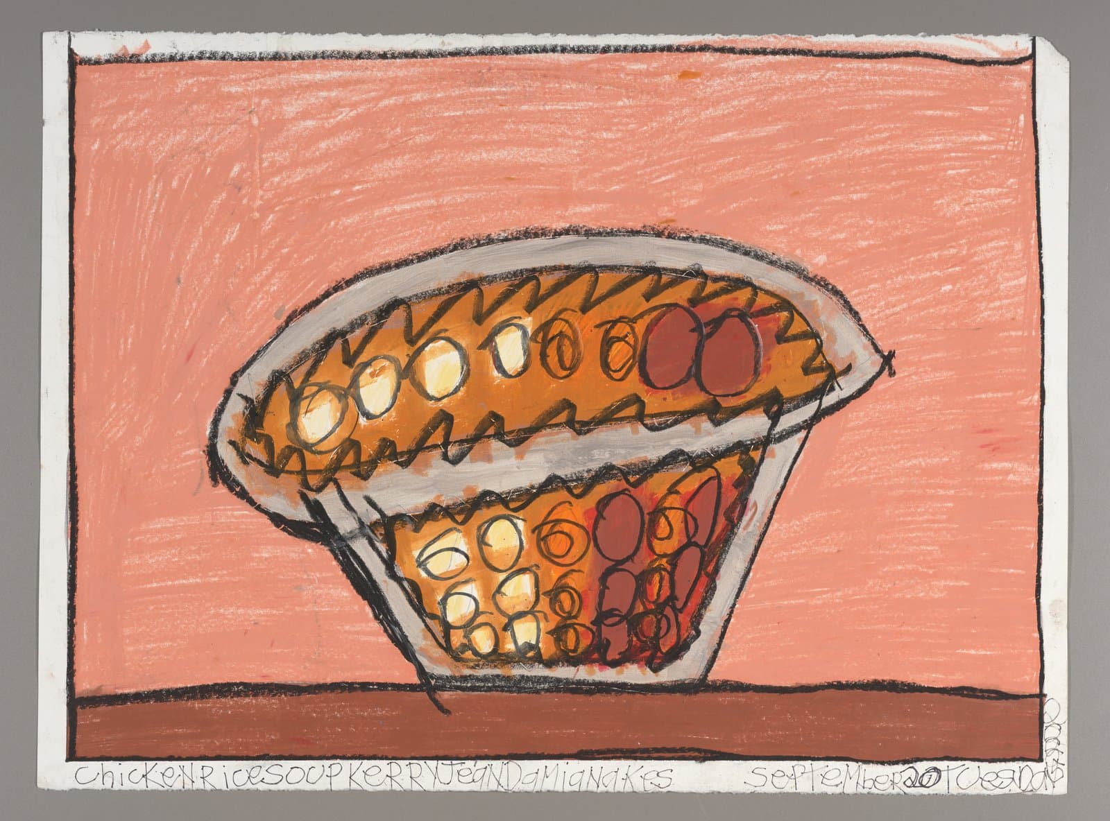 Drawing of an open mouth with teeth, colored pencil on paper with coral pink background