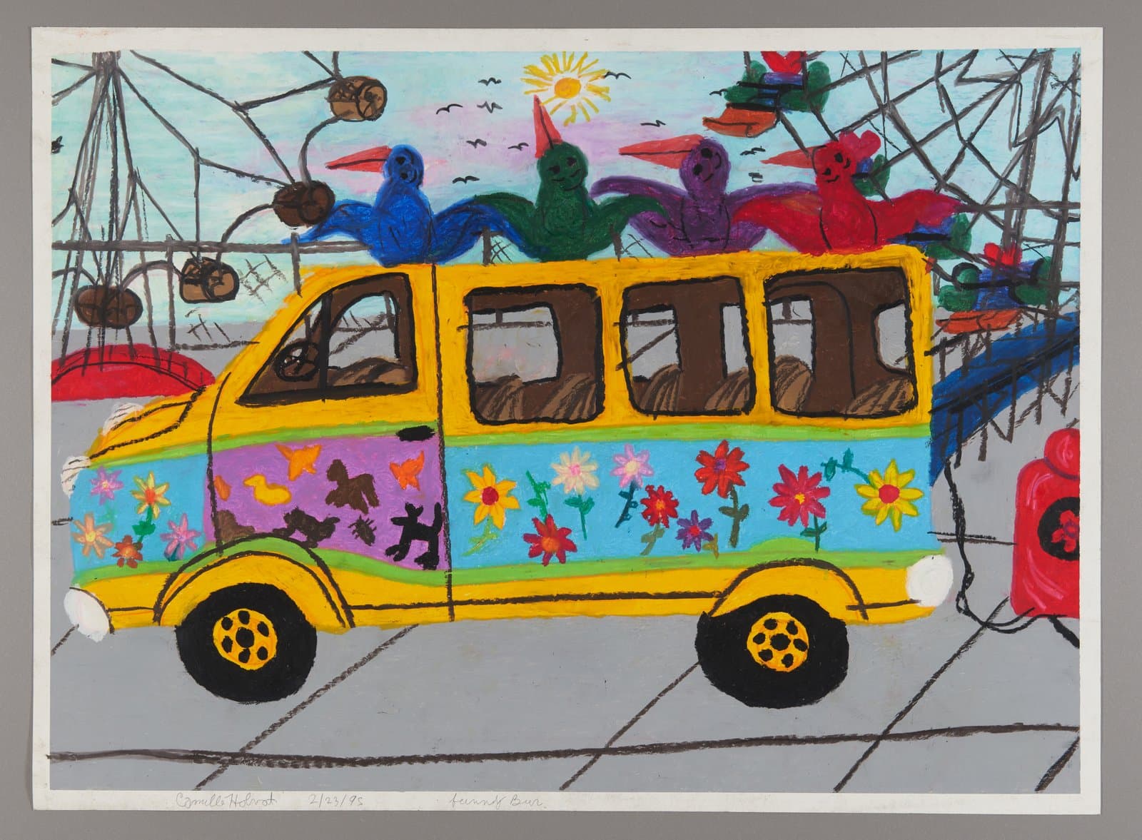 Drawing of colorful decorated bus with figures on roof, oil pastel and ink on paper