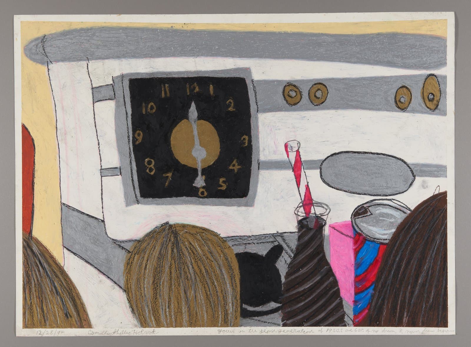 Oil pastel and ink drawing of kitchen interior with white stove, clock, and figure with brown hair