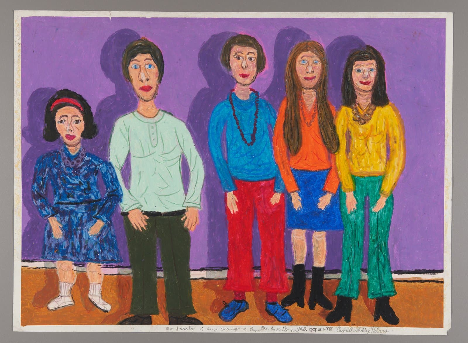 Oil pastel and ink drawing of five figures standing in a row against a purple background