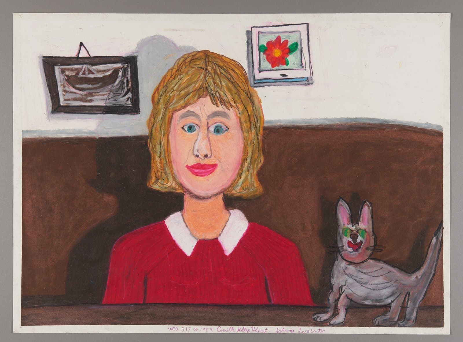 Oil pastel and ink portrait of person with blonde hair in red sweater sitting with gray cat in interior setting