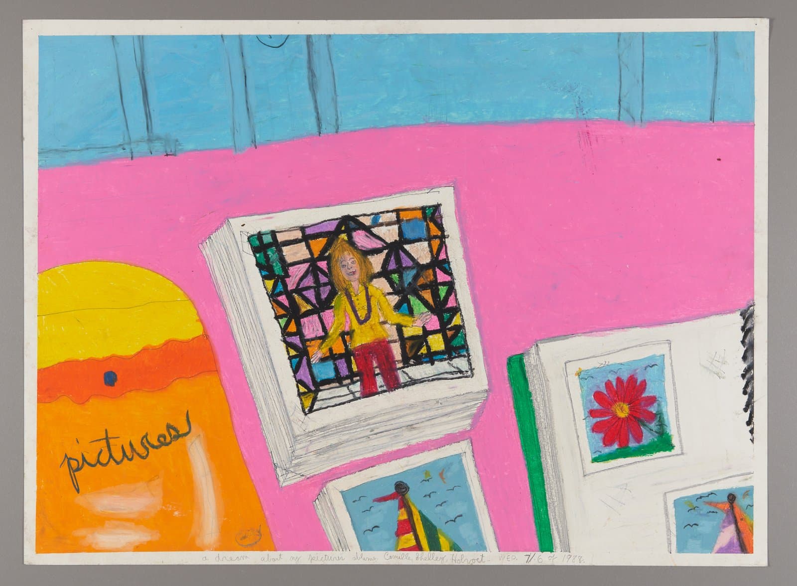 Mixed media drawing showing photo albums with colorful images on pink surface, oil pastel and ink on paper
