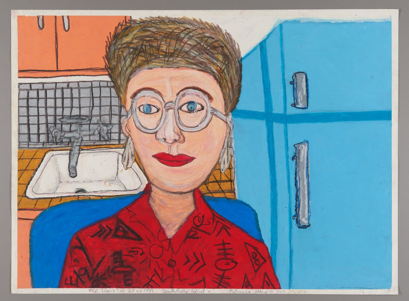 Oil pastel portrait of a person with glasses and brown hair in a red patterned shirt, seated in a kitchen setting
