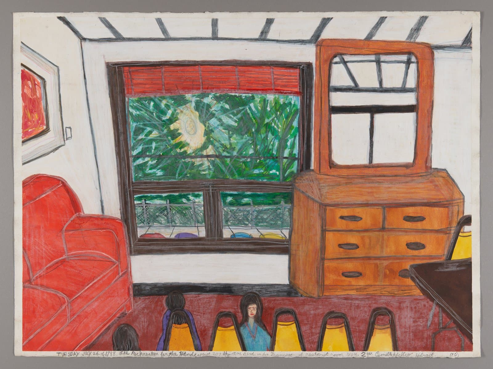 Drawing of interior room with red armchair, wooden dresser, window showing greenery, and row of small figures on floor