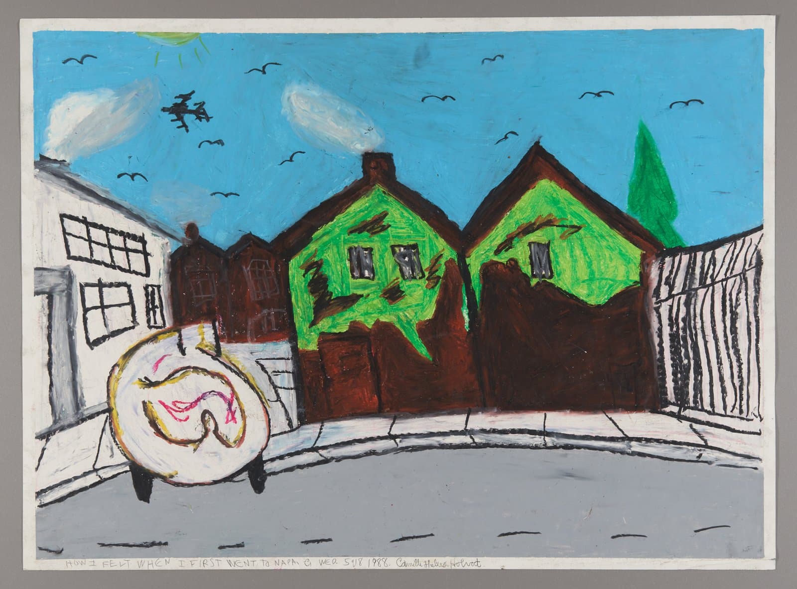 Oil pastel drawing of colorful houses on a street with birds, airplane, and circular form in foreground