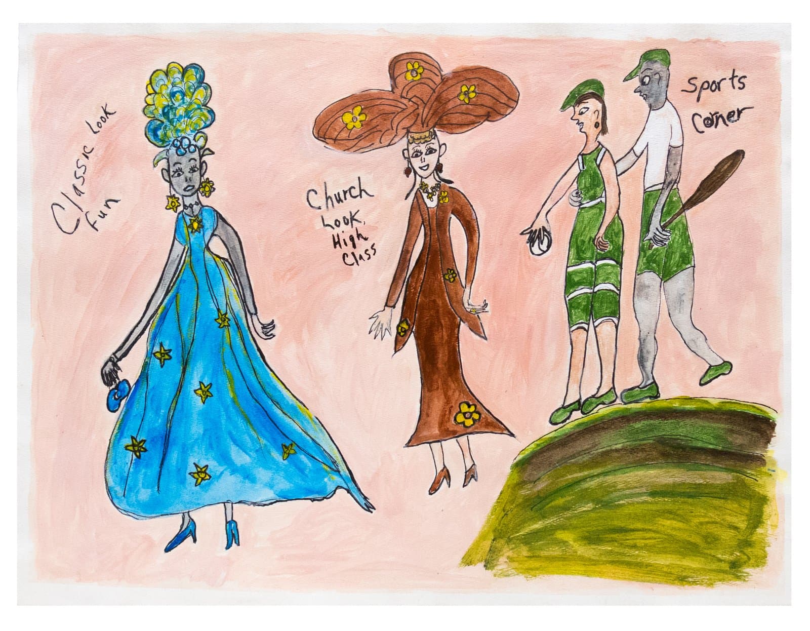 Acrylic and ink drawing of four fashion figures labeled 'Classic Look Fun,' 'Church Look High Class,' and 'Sports Corner' on pink background.