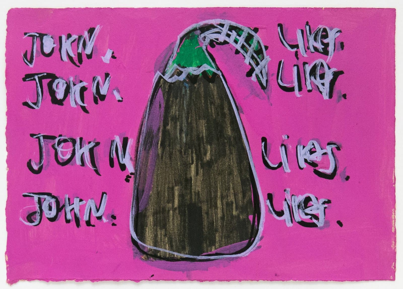 Painting on paper with bright pink background, central dark bottle-like form, and handwritten text in black
