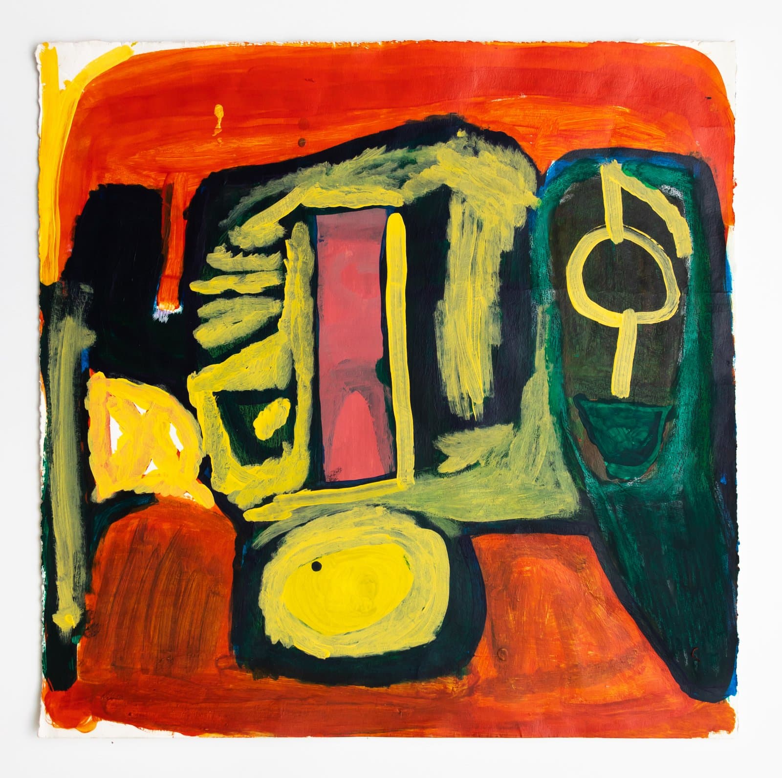 Abstract acrylic painting with bold black, red, yellow, and green forms suggesting stylized figures on orange-red ground.