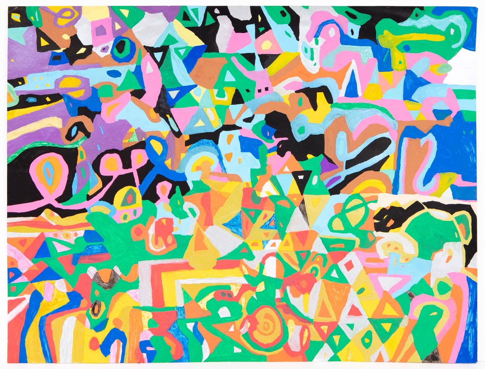 Abstract acrylic painting with densely packed geometric shapes and curved forms in bright colors on white paper.