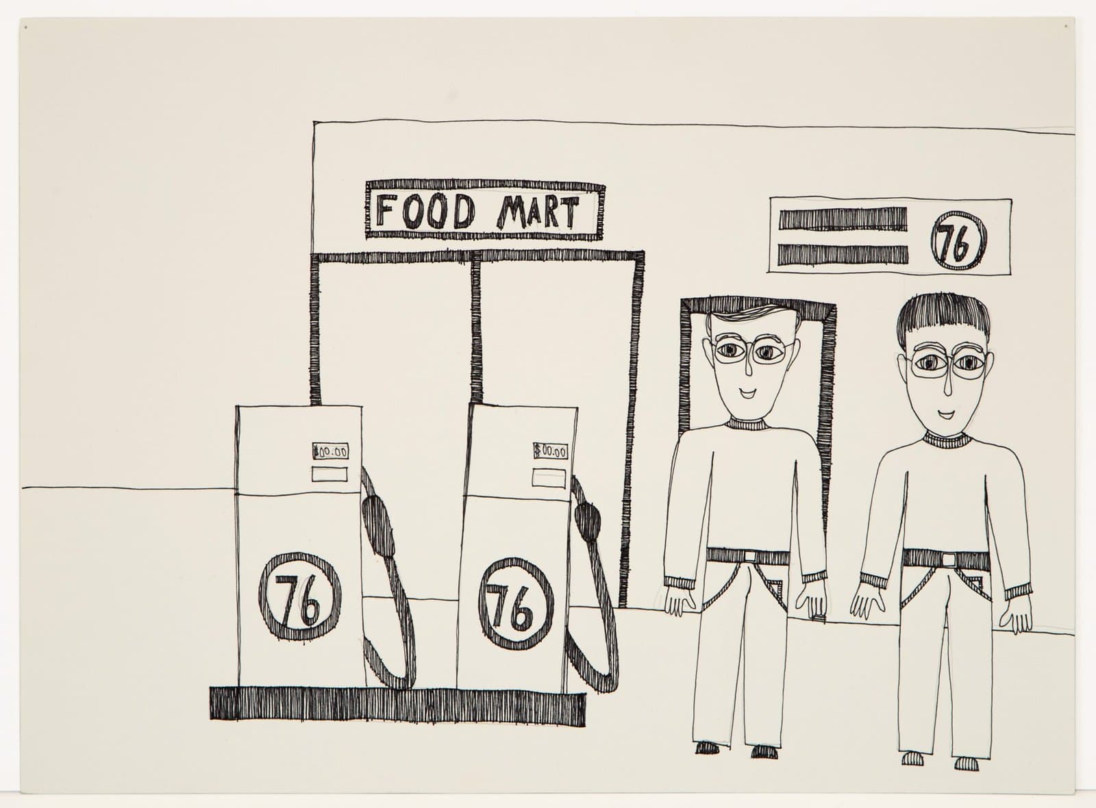 Ink drawing depicting a food mart building with gas pumps and two standing figures wearing glasses on cream paper.