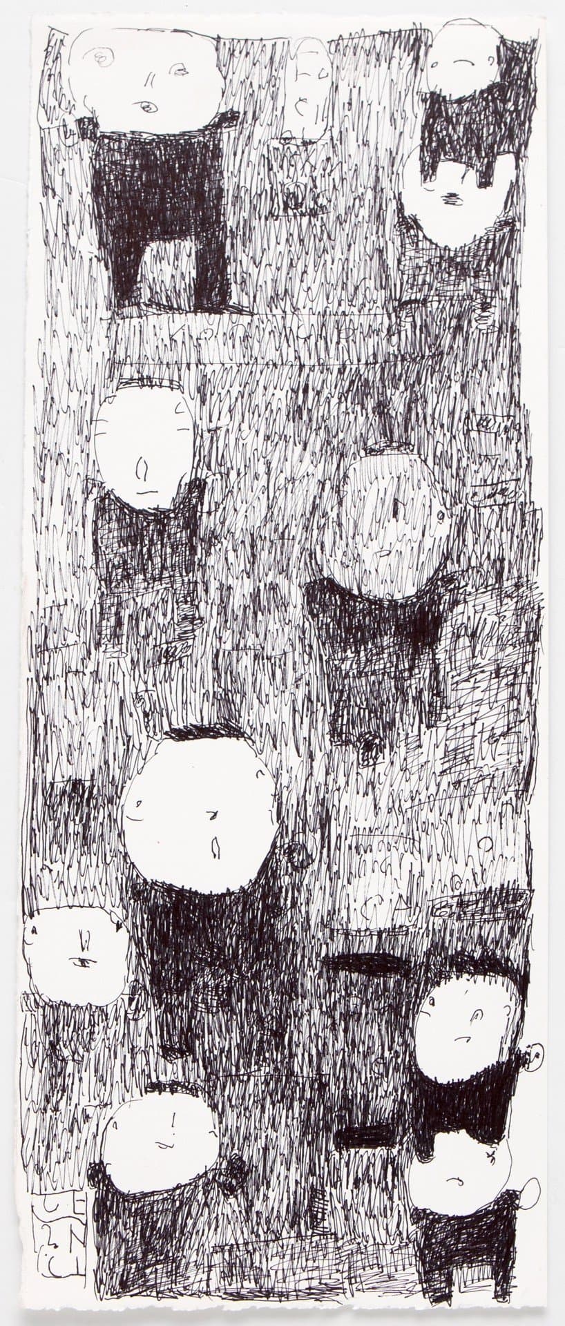 Vertical drawing in black marker showing multiple round-headed figures arranged in a grid-like pattern on white paper.