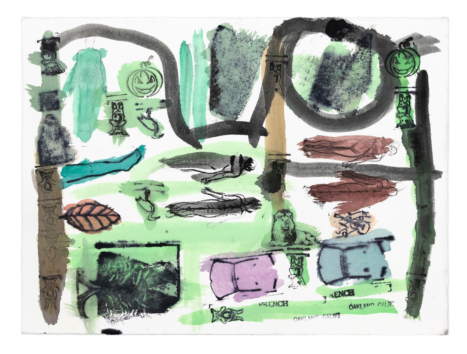 Mixed-media handcolored print with bold dark brushstrokes, green washes, and scattered figurative stamps on white paper.