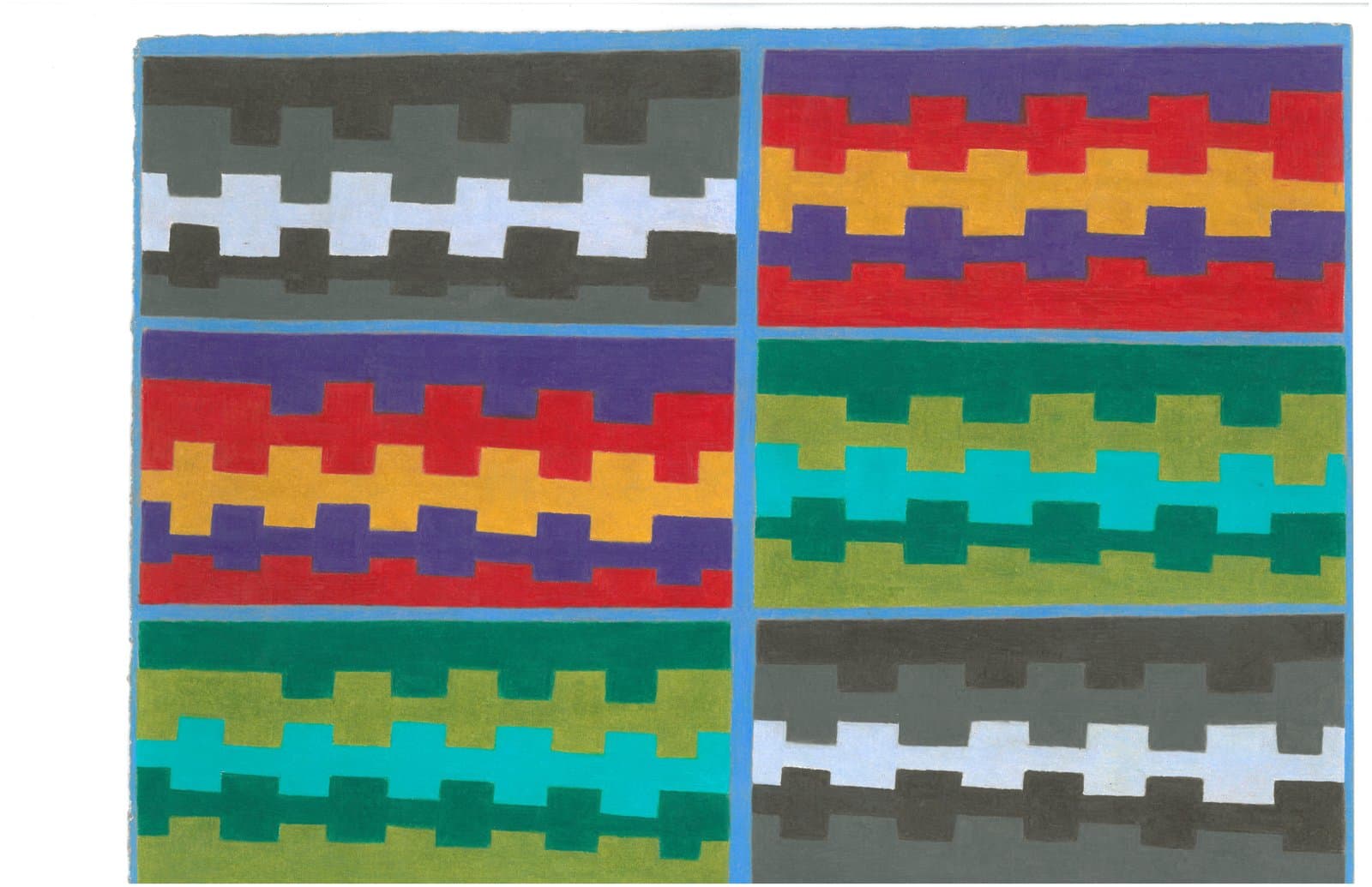 Painting with six rectangular panels arranged in a grid, each featuring interlocking stepped geometric bands in varied color schemes.