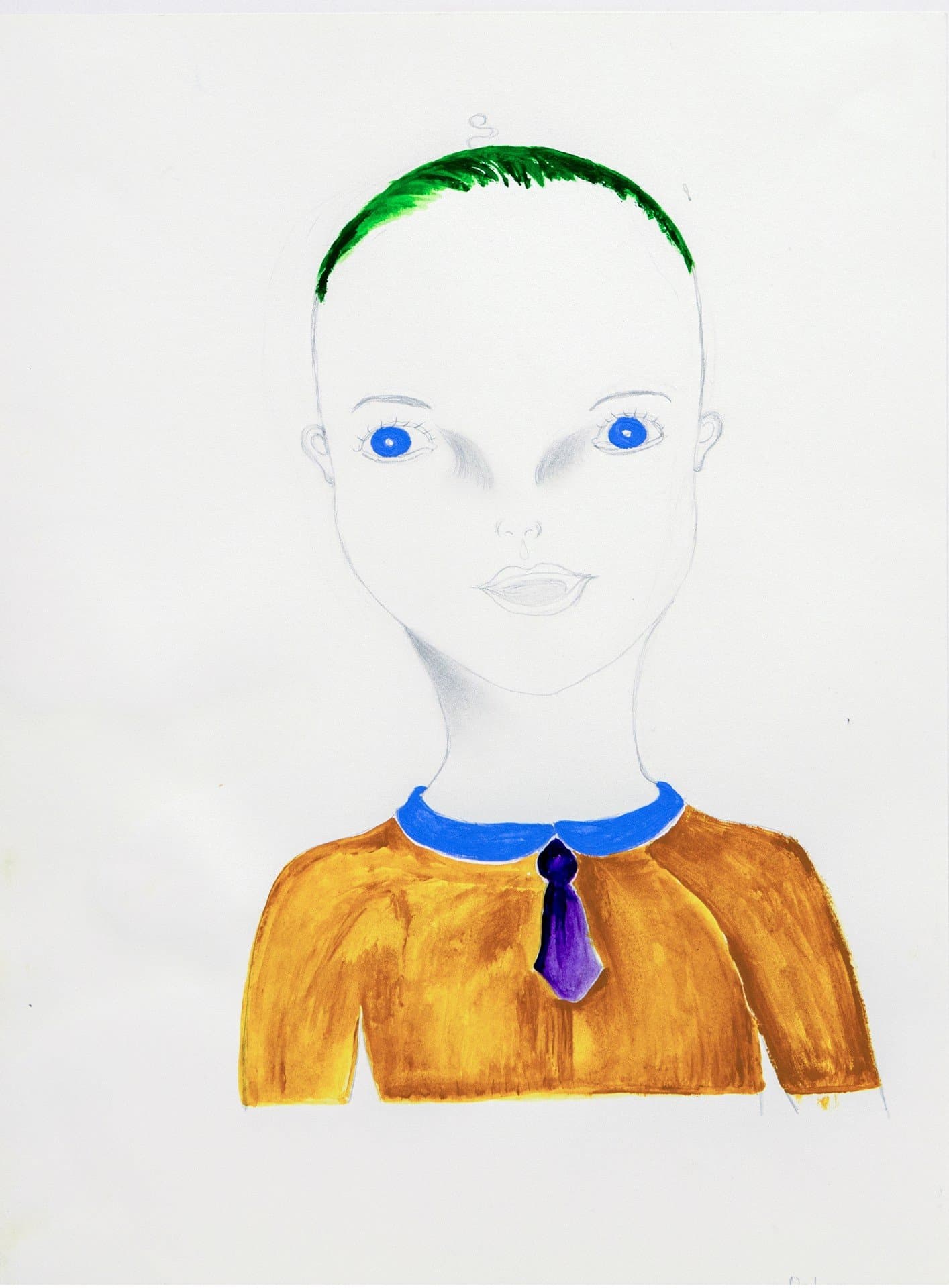 Portrait drawing in graphite and acrylic of a figure with green hair, blue eyes, and orange sweater with blue collar on white paper.