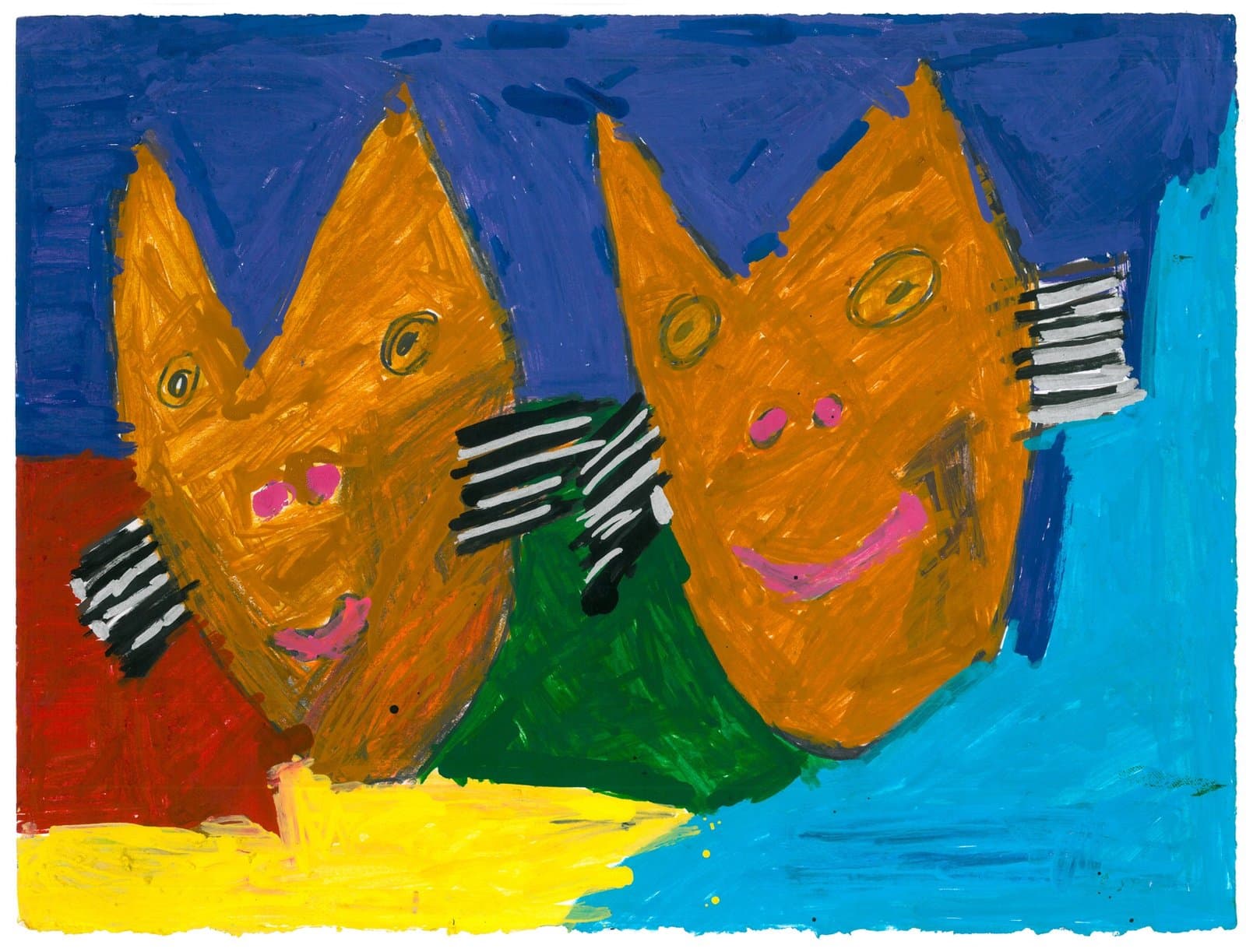 Colorful painting featuring two orange cat-like figures with facial features against a vibrant blue background.