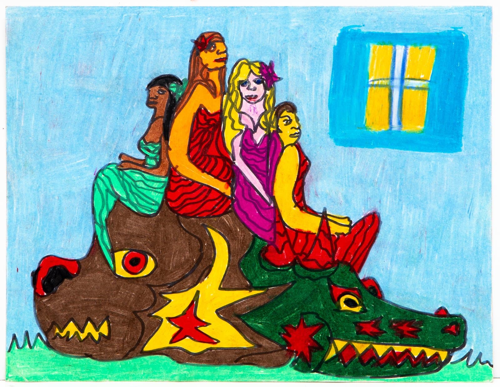 Ink and colorstix drawing of four figures seated atop two dragon heads in red, green, brown, and yellow on blue background.