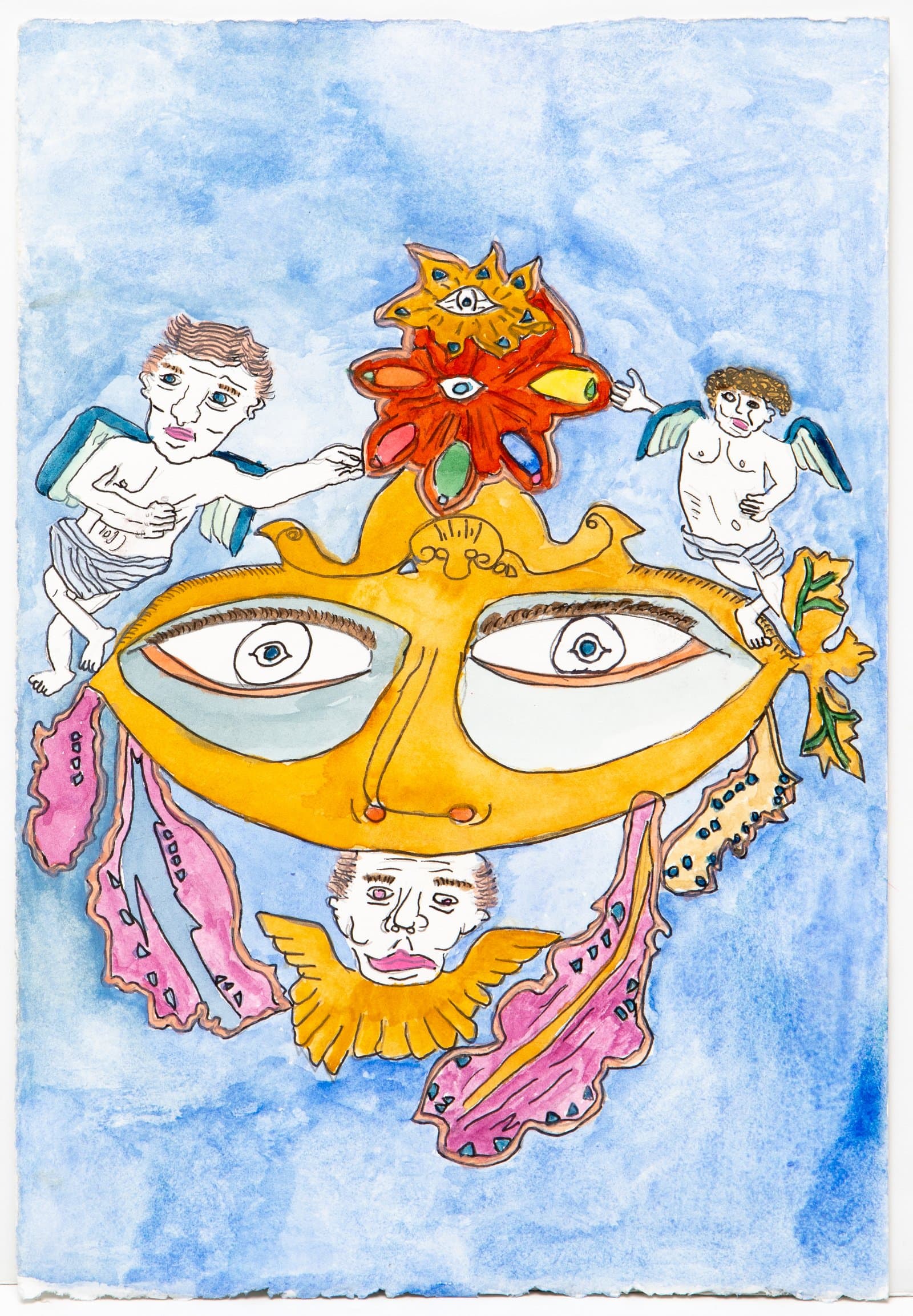 Ink and watercolor on paper depicting a golden mask with large eyes, flanked by figures and a red flower with eyes, on blue ground.