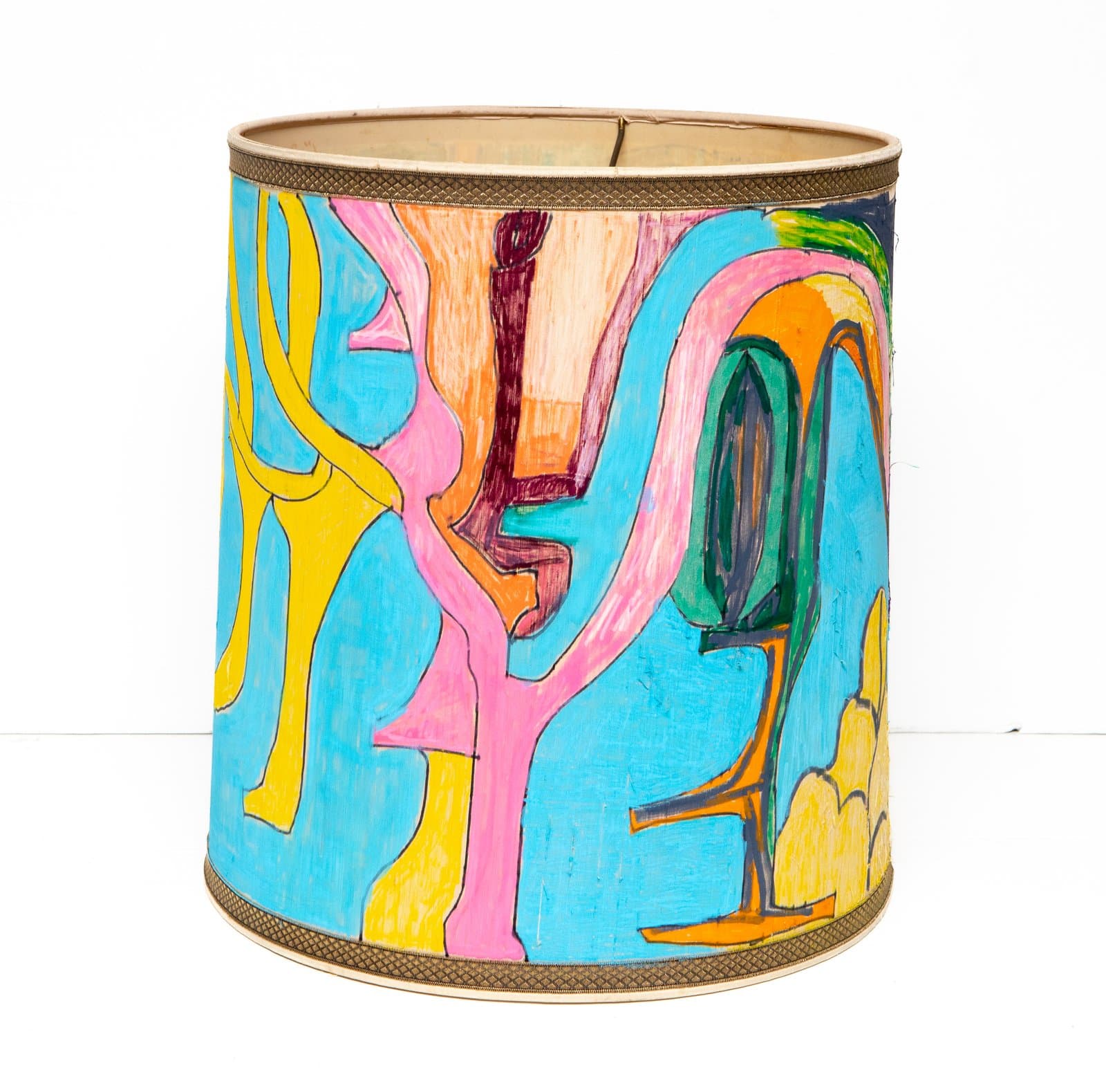 Cylindrical lamp shade painted with bold abstract tree-like forms in pink, yellow, blue, green, and orange acrylic.