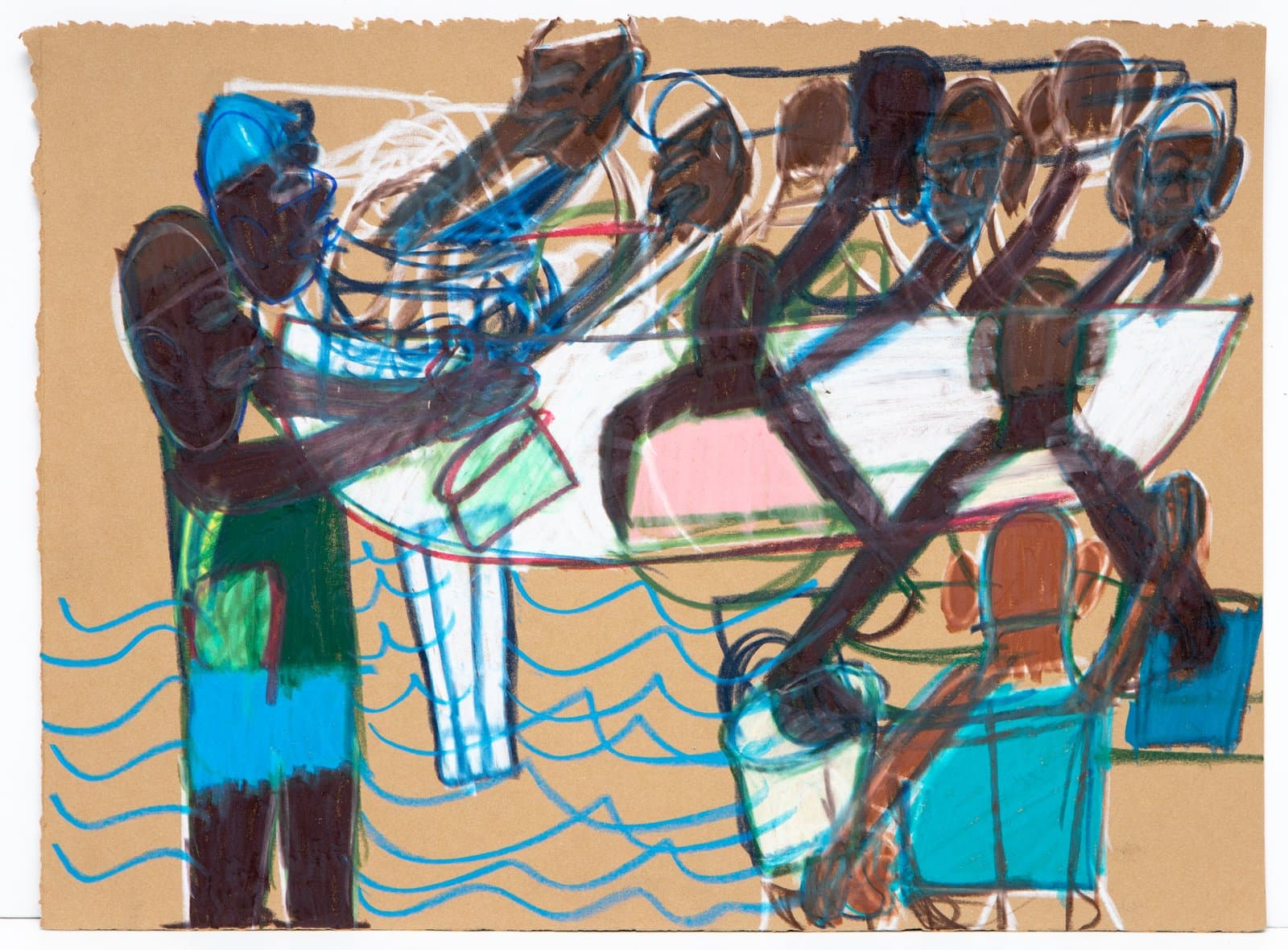Pastel drawing on brown kraft paper depicting multiple dark-skinned figures near water, with blue wave lines below.