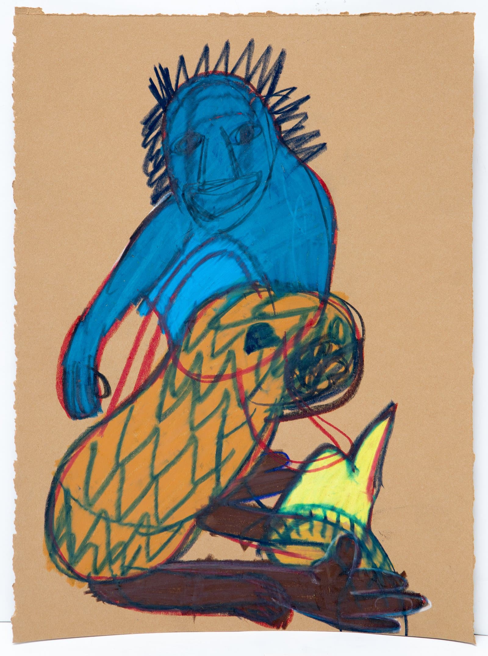 Pastel drawing on kraft paper of a blue figure with spiked hair holding a yellow patterned form, with a small animal below.