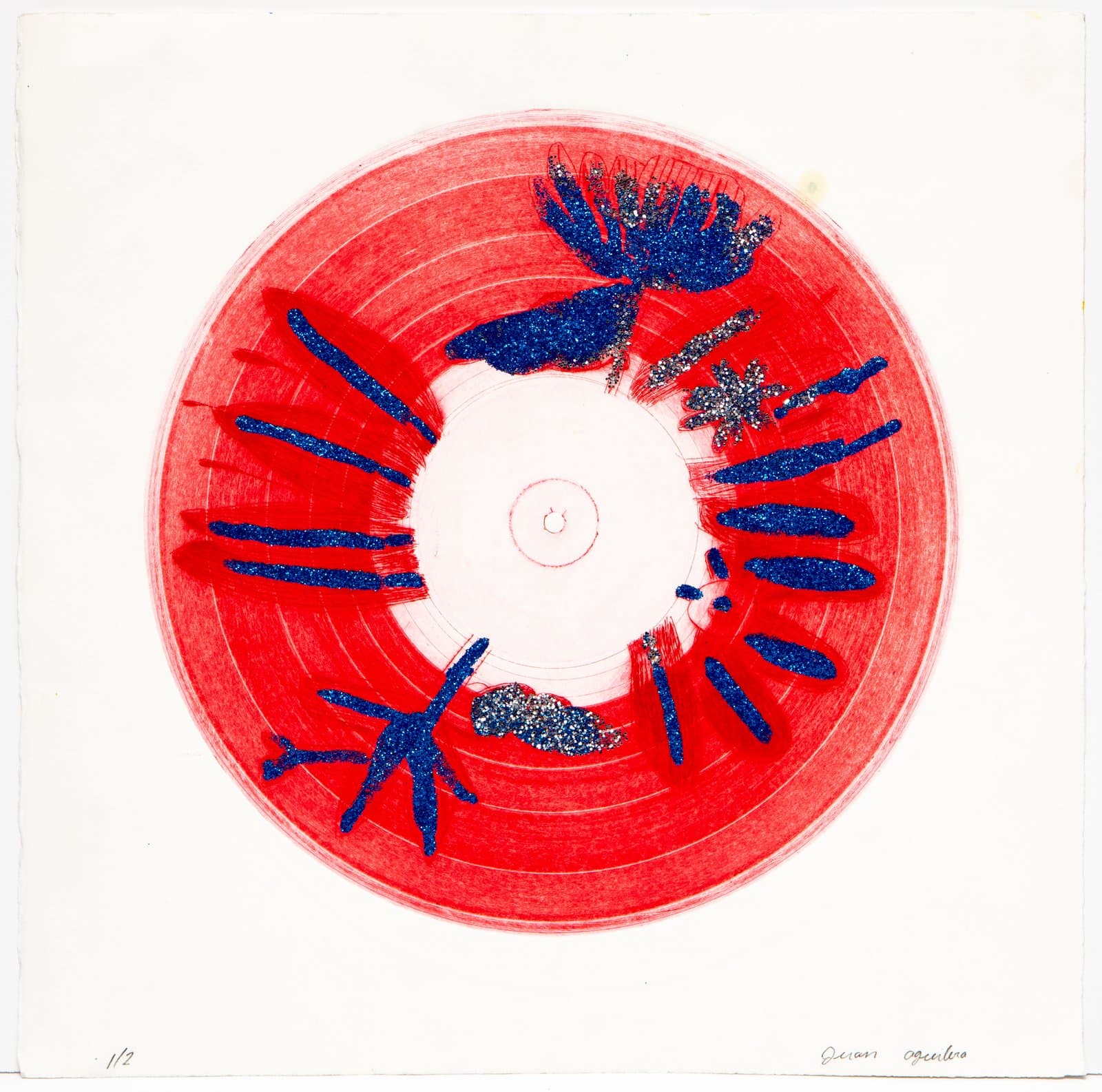 Relief print with red concentric circles and blue glitter forms radiating from a white center on white paper.