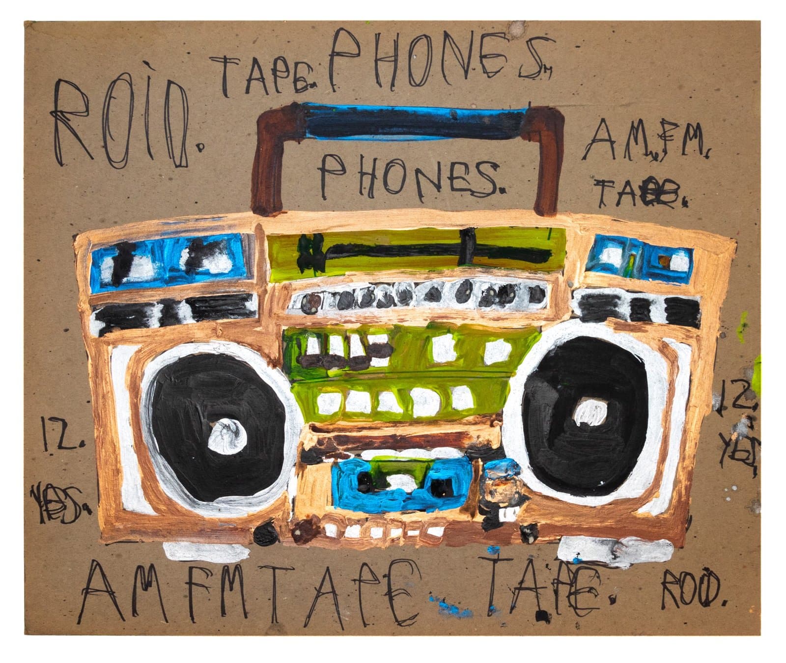 Mixed media drawing of a boombox radio on brown paper with handwritten text including 'ROIP TAPE PHONES'