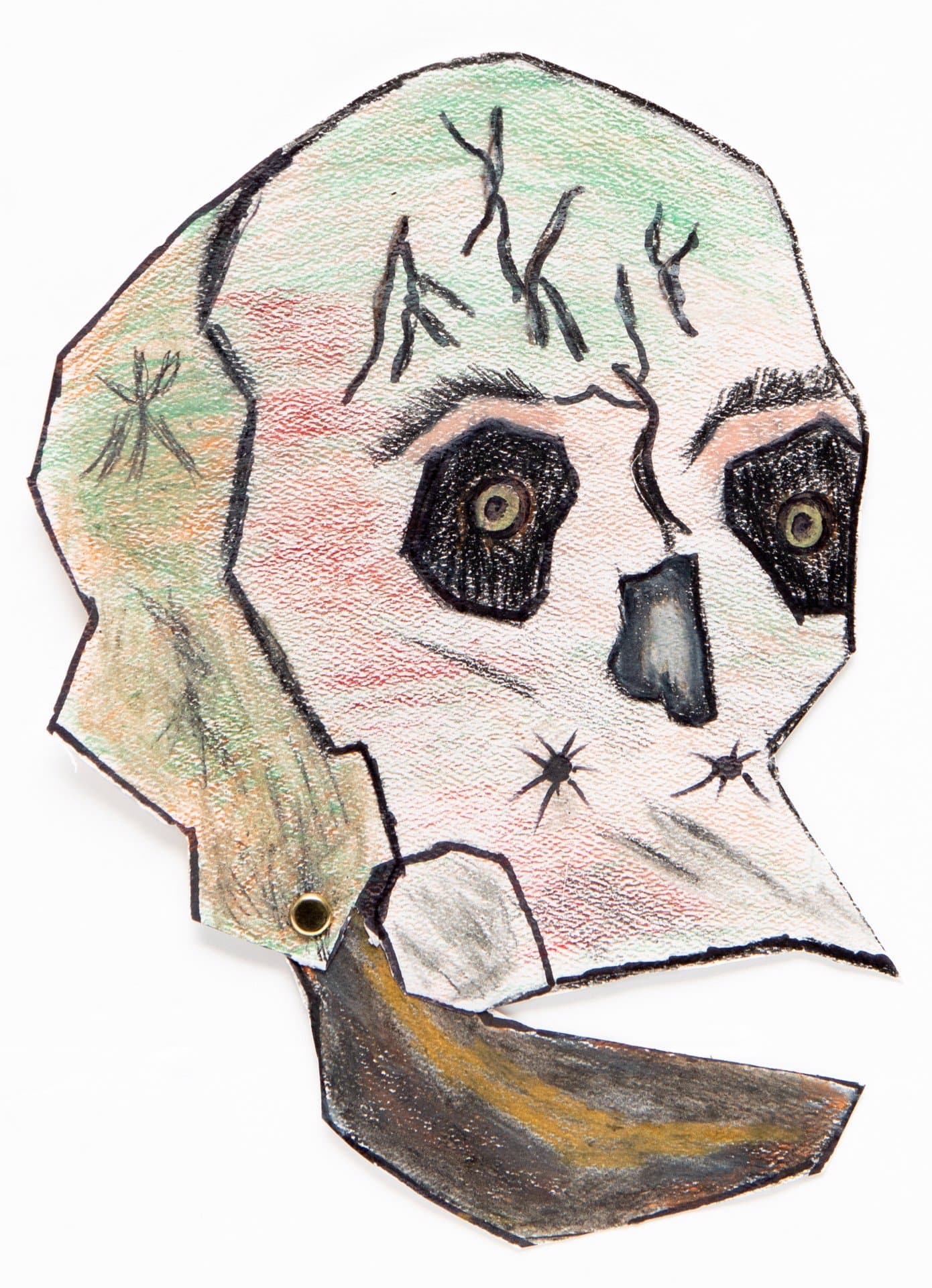 Mixed media skull drawing with colored pencil, featuring dark eye sockets and text on forehead