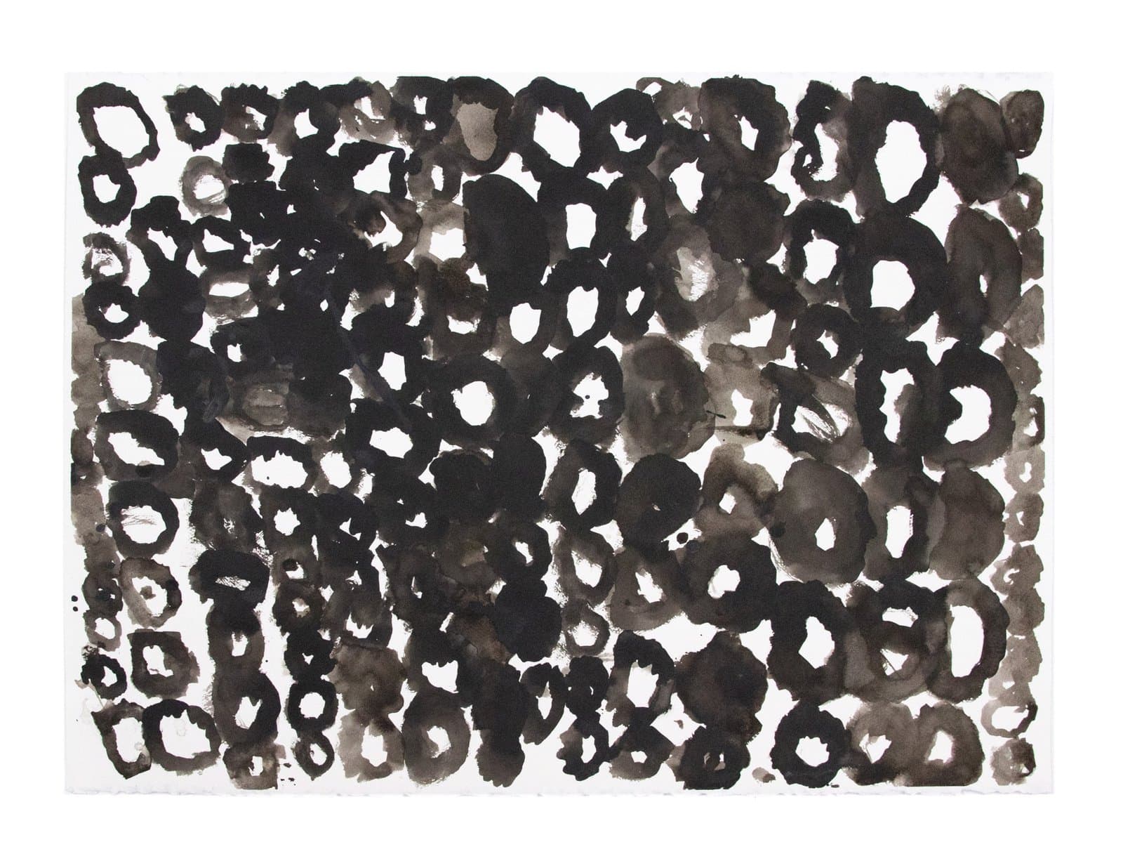 Abstract ink drawing with dense pattern of interconnected circular and oval forms in black and gray on white paper.