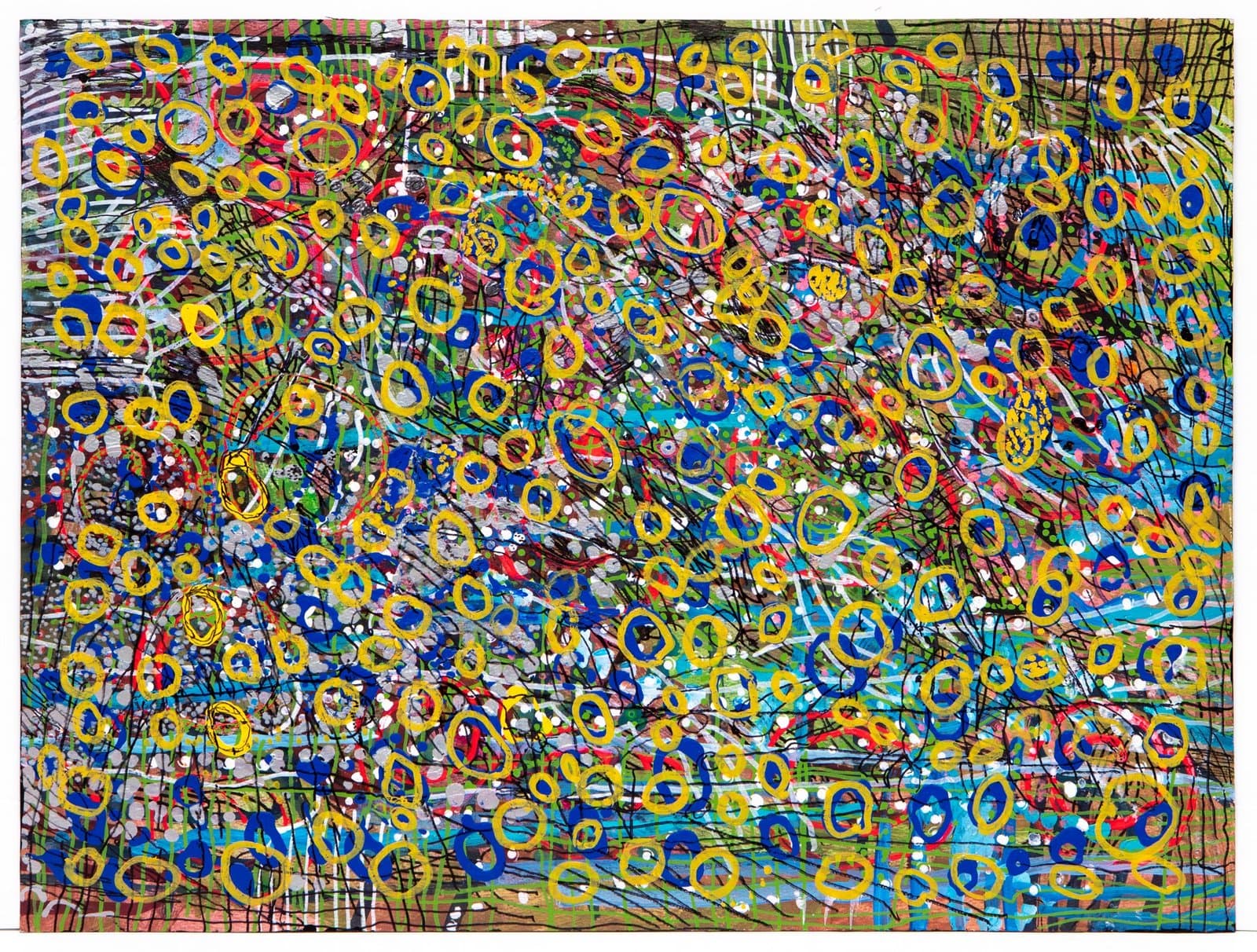 Abstract painting with hundreds of yellow circles and energetic linear marks in bright colors on paper.