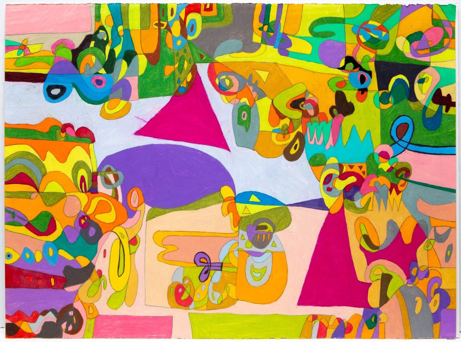 Abstract pastel drawing with vibrant geometric shapes, flowing forms, and rainbow colors on paper