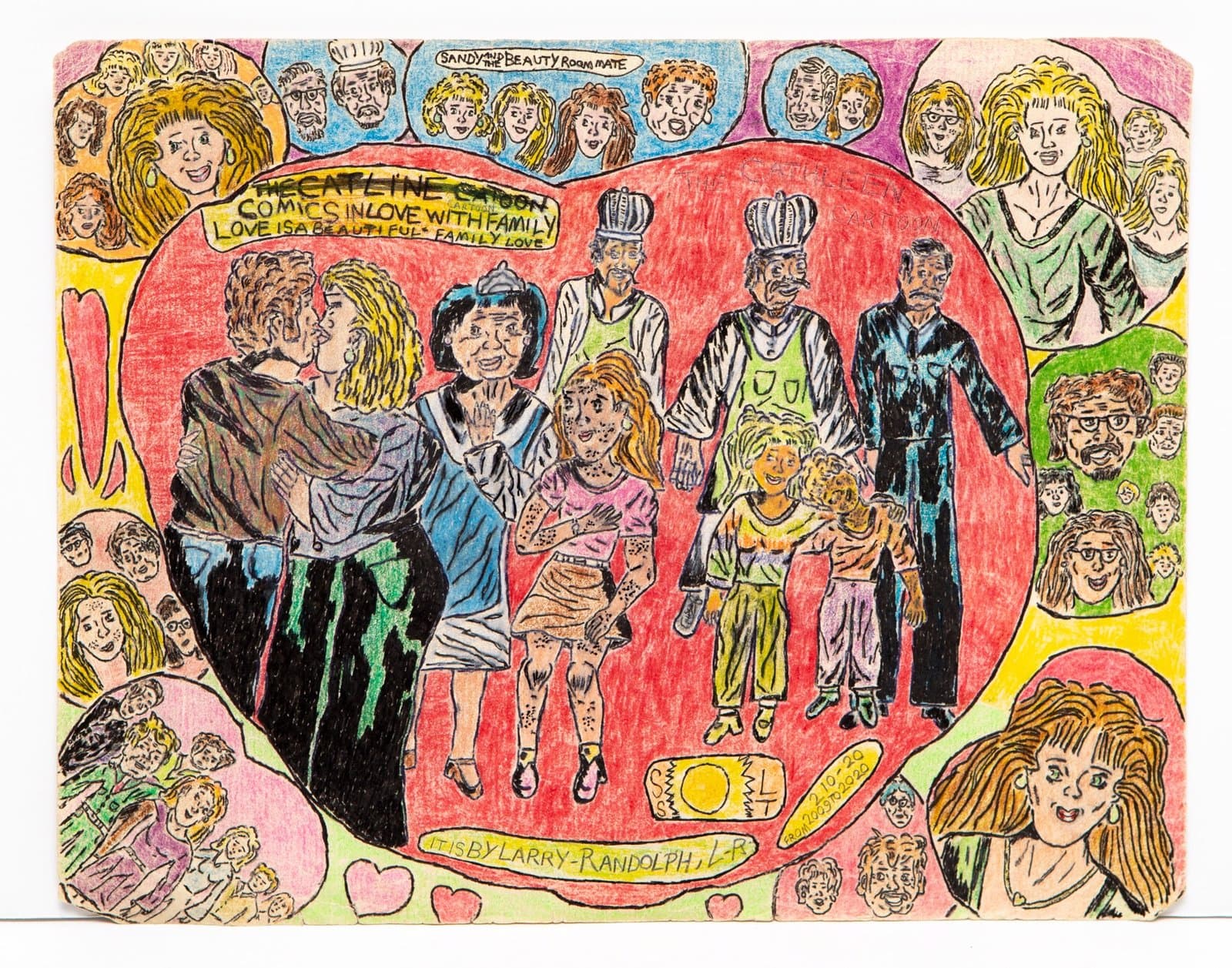Colorful drawing with multiple figures in circular composition, pen and colored pencil on paper