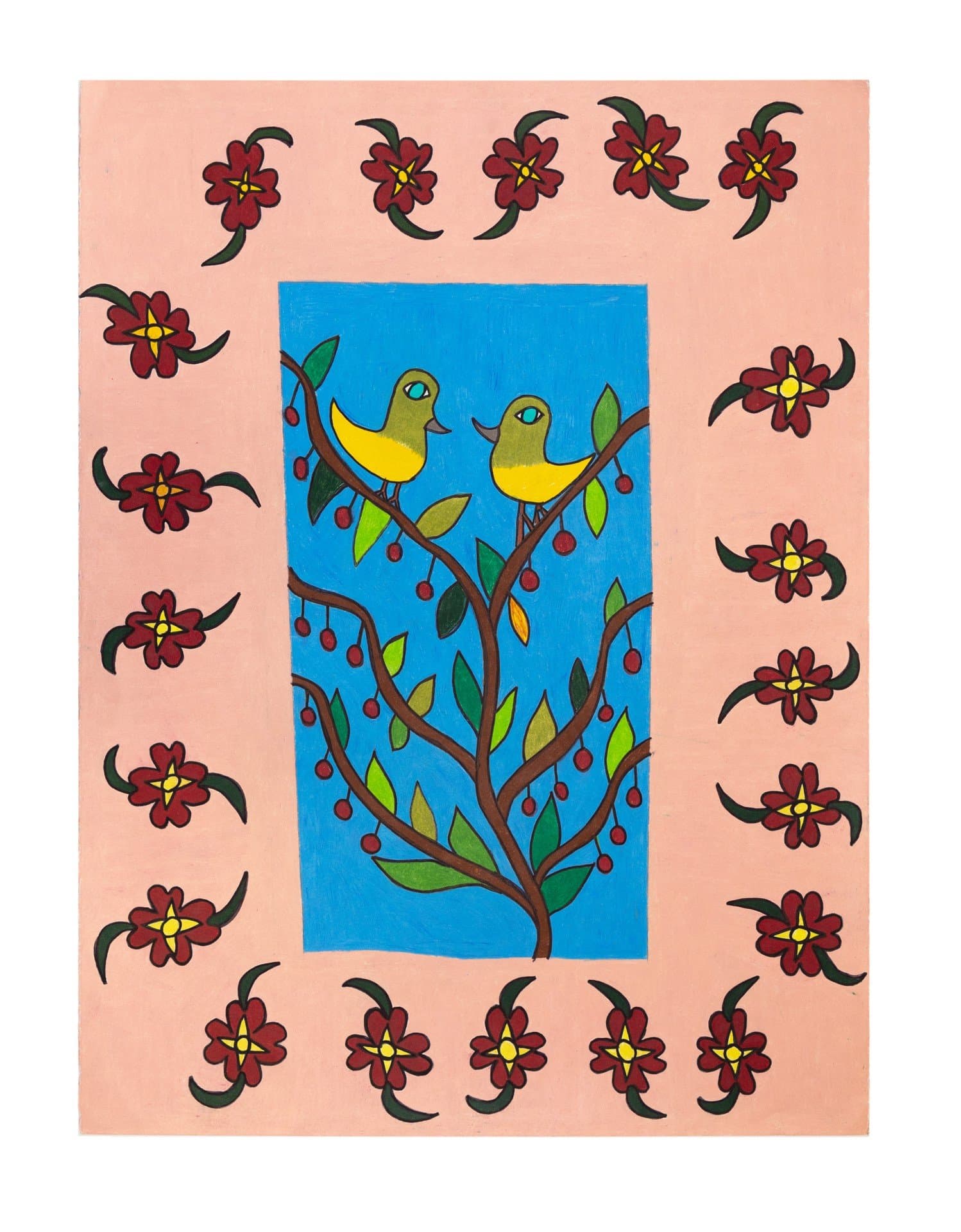 Colored pencil drawing featuring two yellow birds on a tree with red berries, surrounded by a border of red flowers on pink paper.