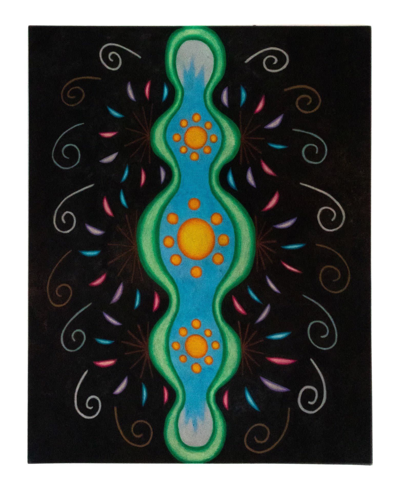 Colored pencil drawing featuring central serpentine form with orange circular motifs on black background
