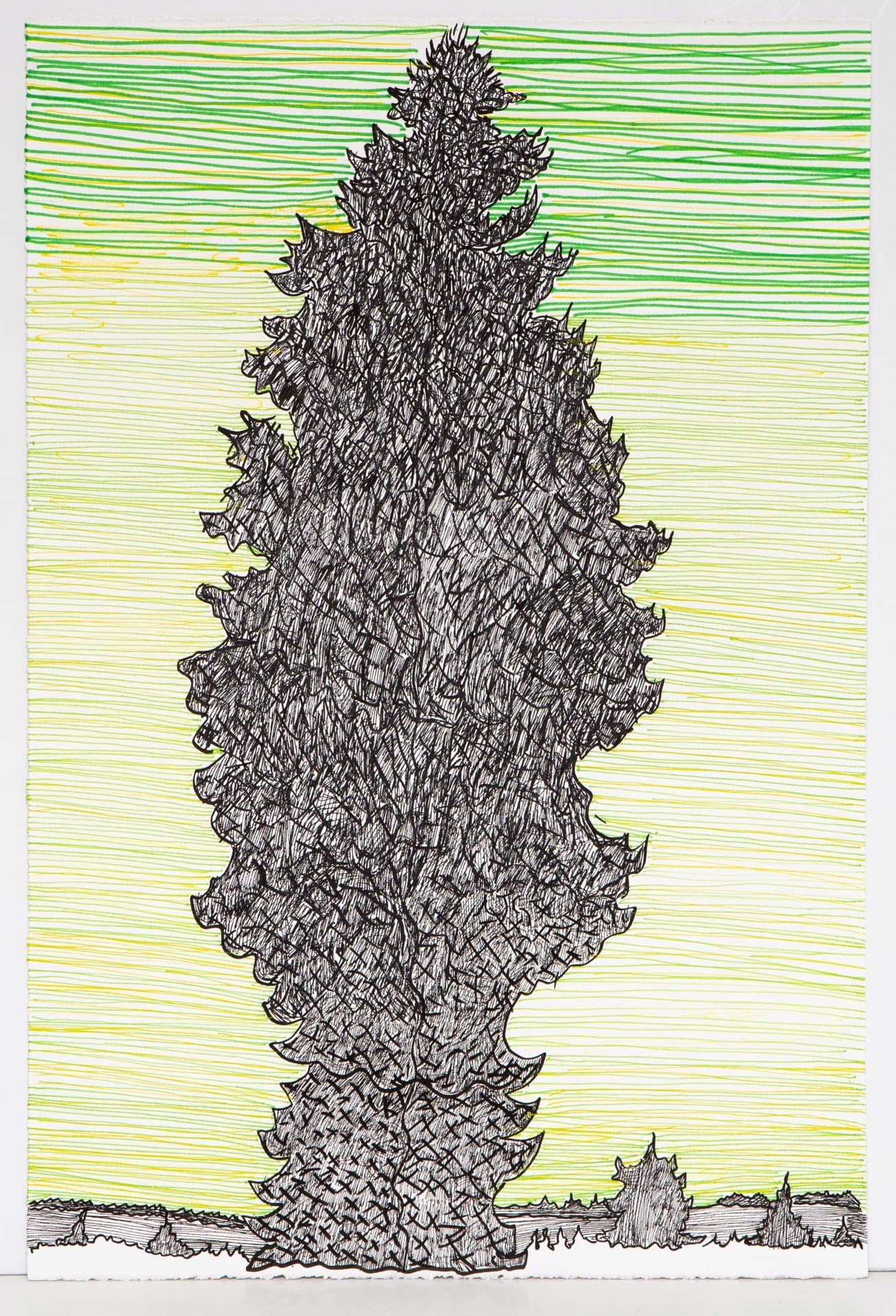 Pen drawing of a tall spiky tree with dense crosshatched trunk against horizontal striped background in green and yellow.